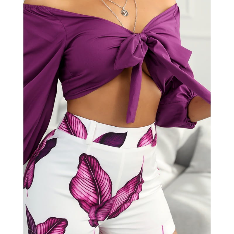 Crop Top Motif Feuilles en Tissu Principal