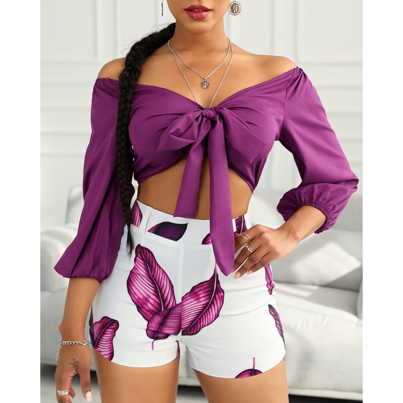 Crop Top Motif Feuilles en Tissu Principal