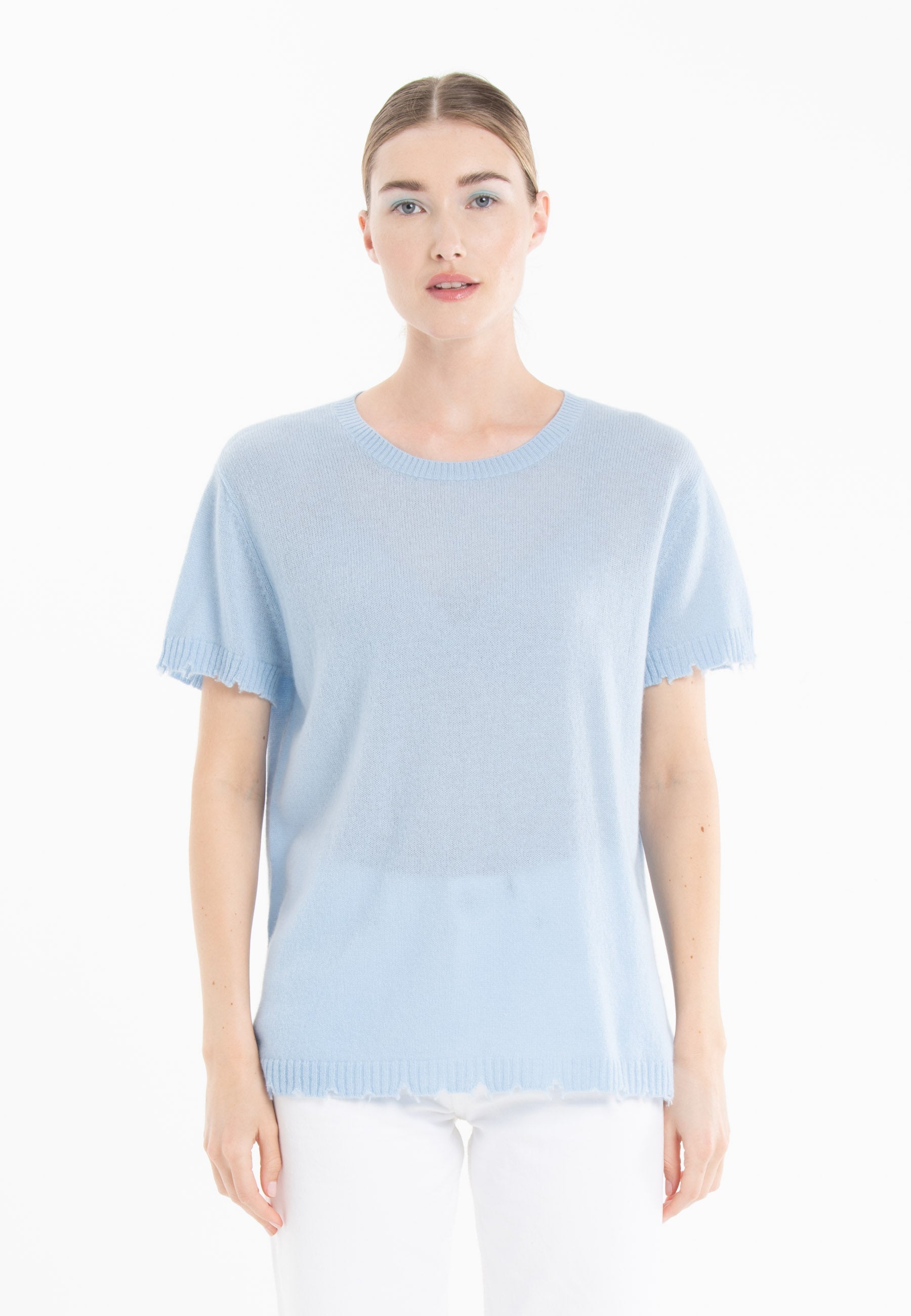 T-shirt col rond en cachemire baby blue femme - AVA 6-0