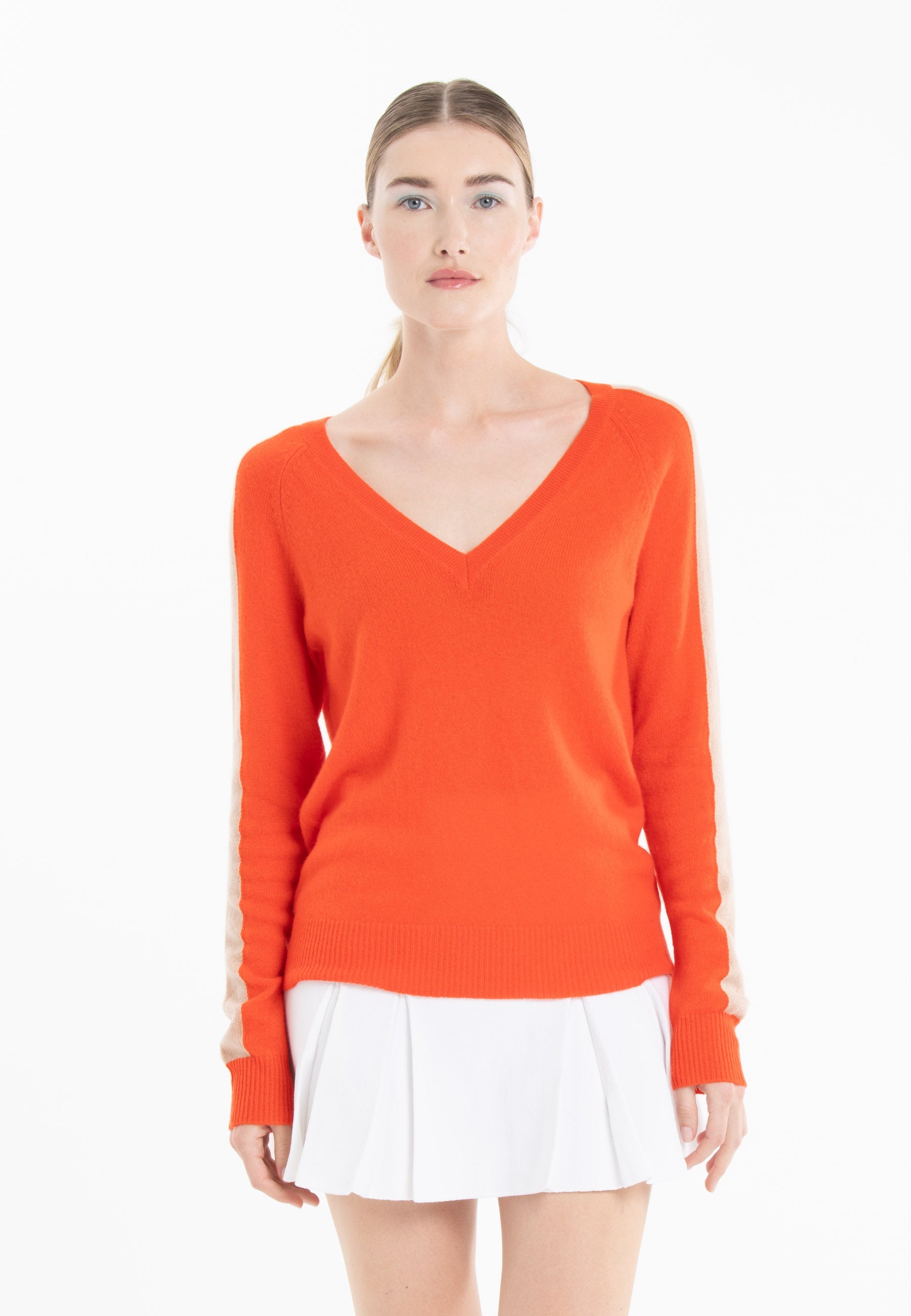 Pull col V cachemire mandarine/camel clair femme - RIA 1-0