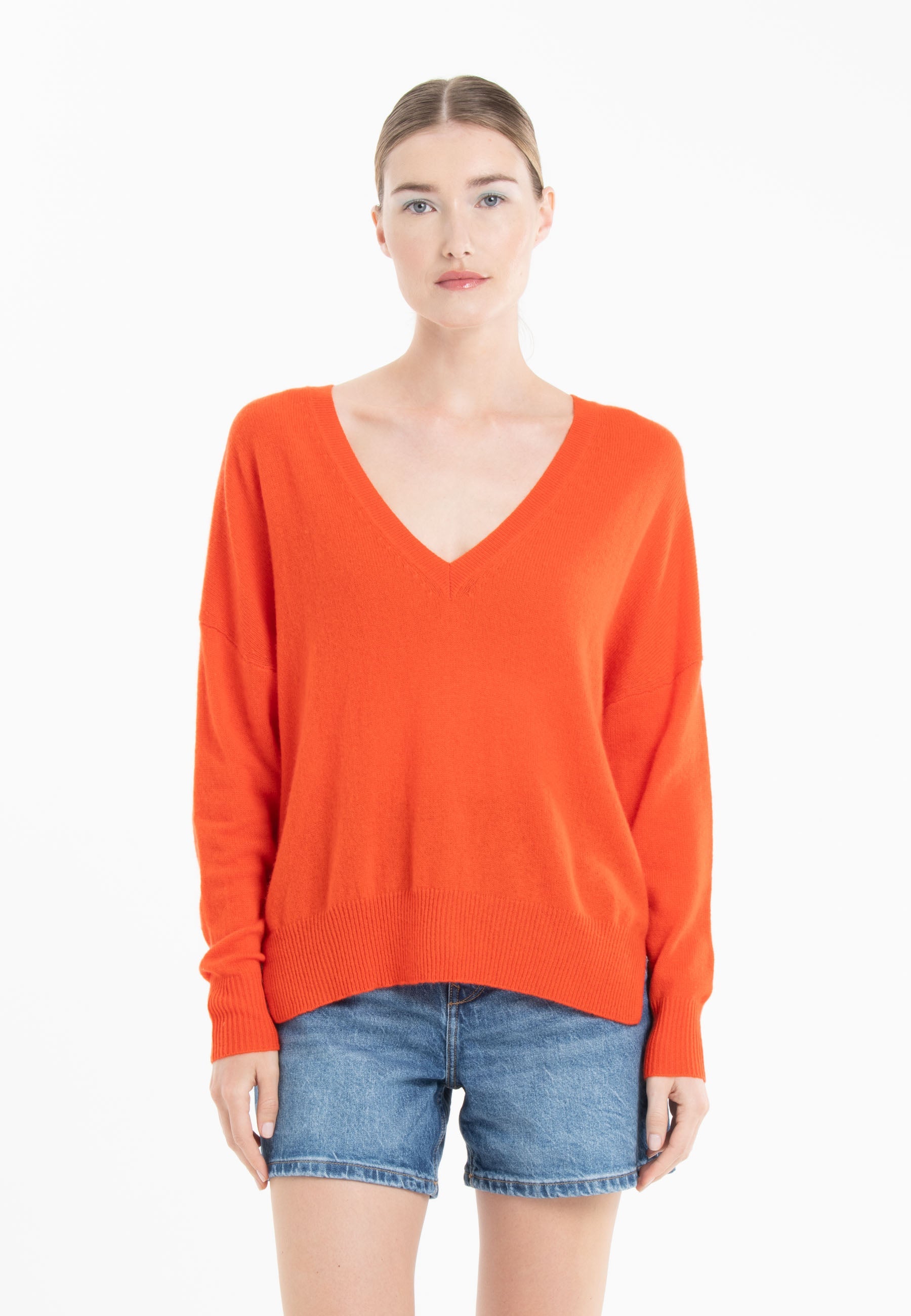 Pull col V cachemire mandarine/camel clair femme - NAMI 23-1