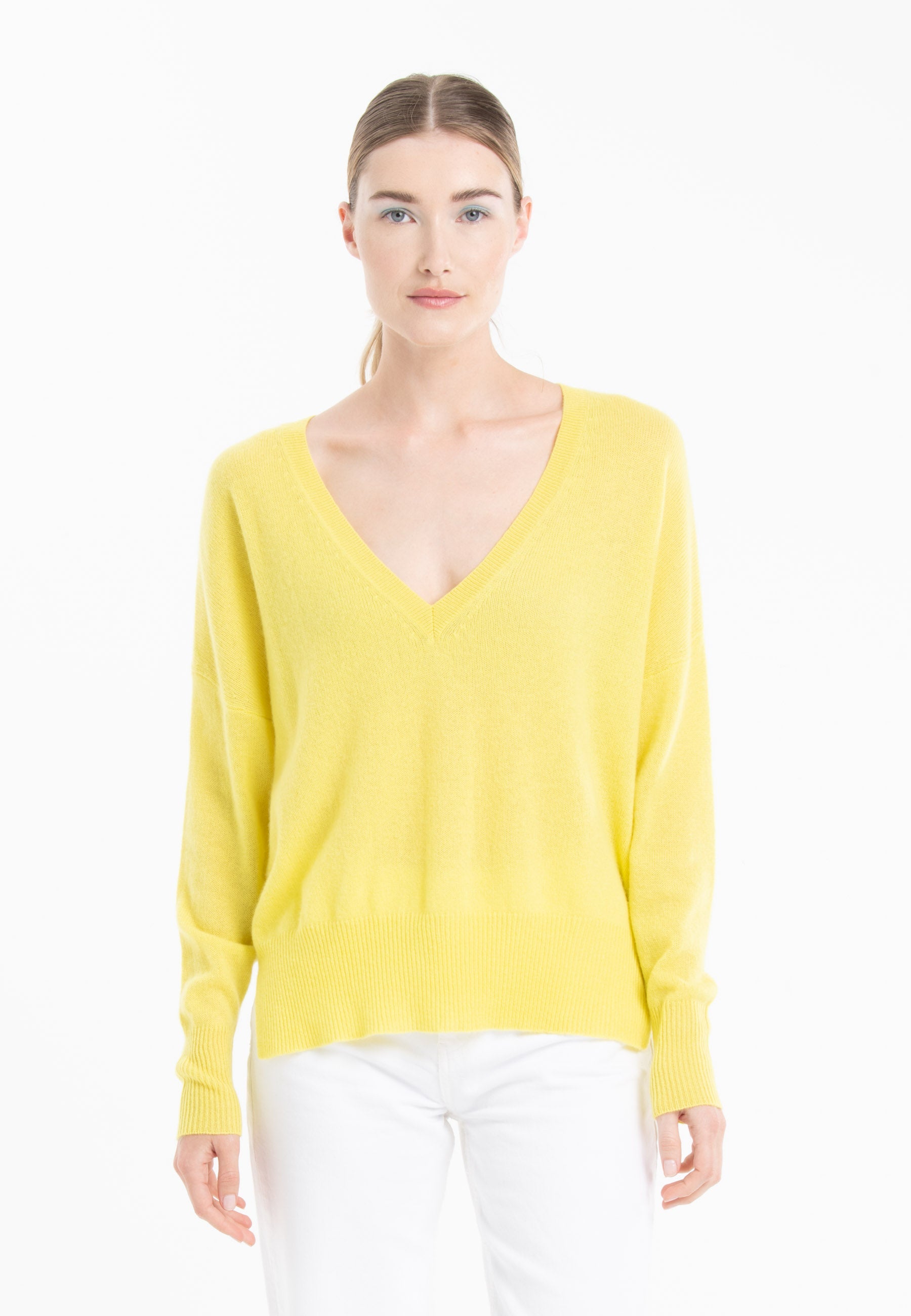 Pull col V en cachemire jaune fluo femme - RIA 3-0