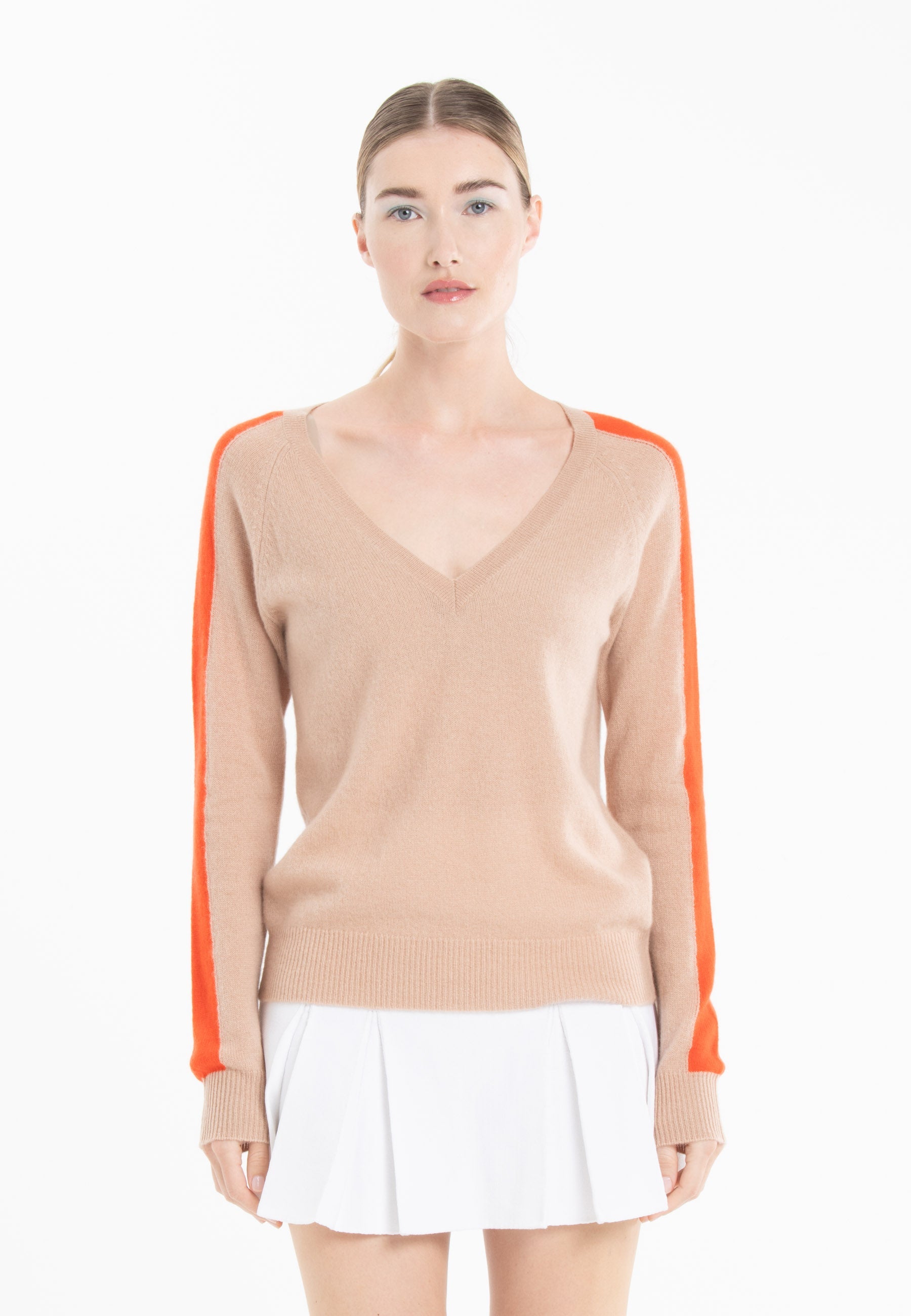 Pull col V cachemire camel clair/mandarine femme - RIA 1-0