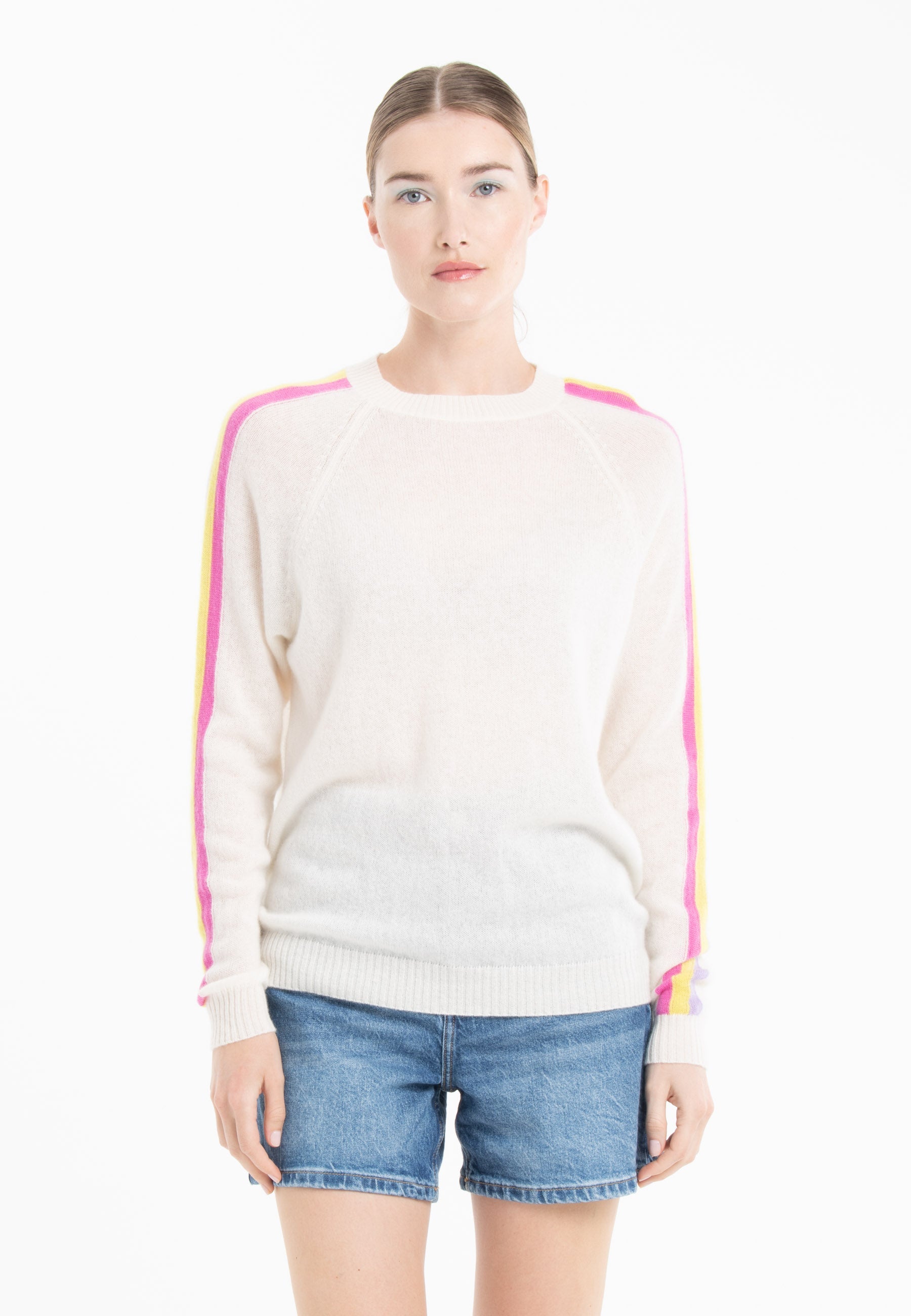 Pull col rond cachemire écru rose jaune violet femme - KELLY 30-0