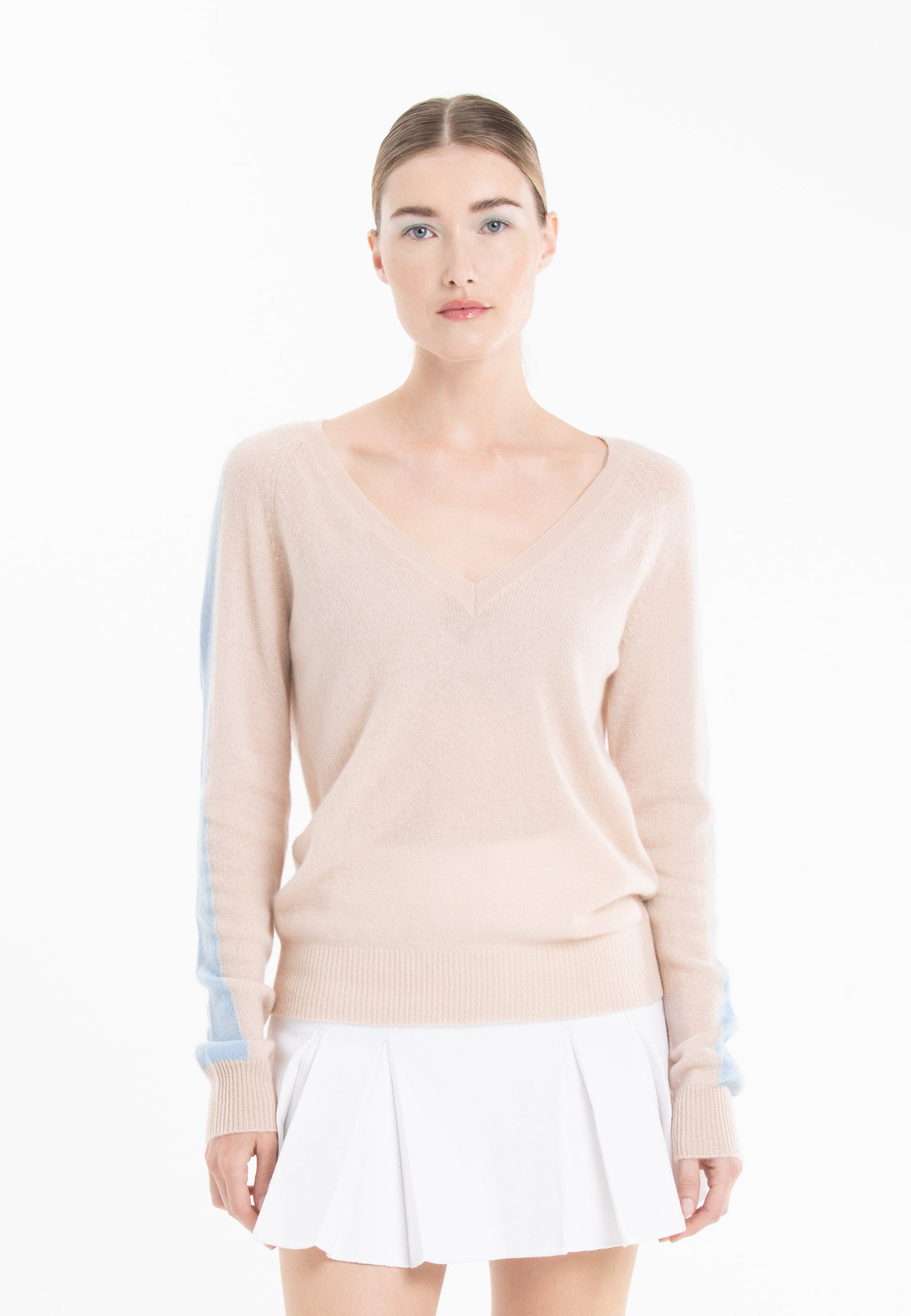 Pull col V en cachemire skin/ baby blue femme - RIA 1-0