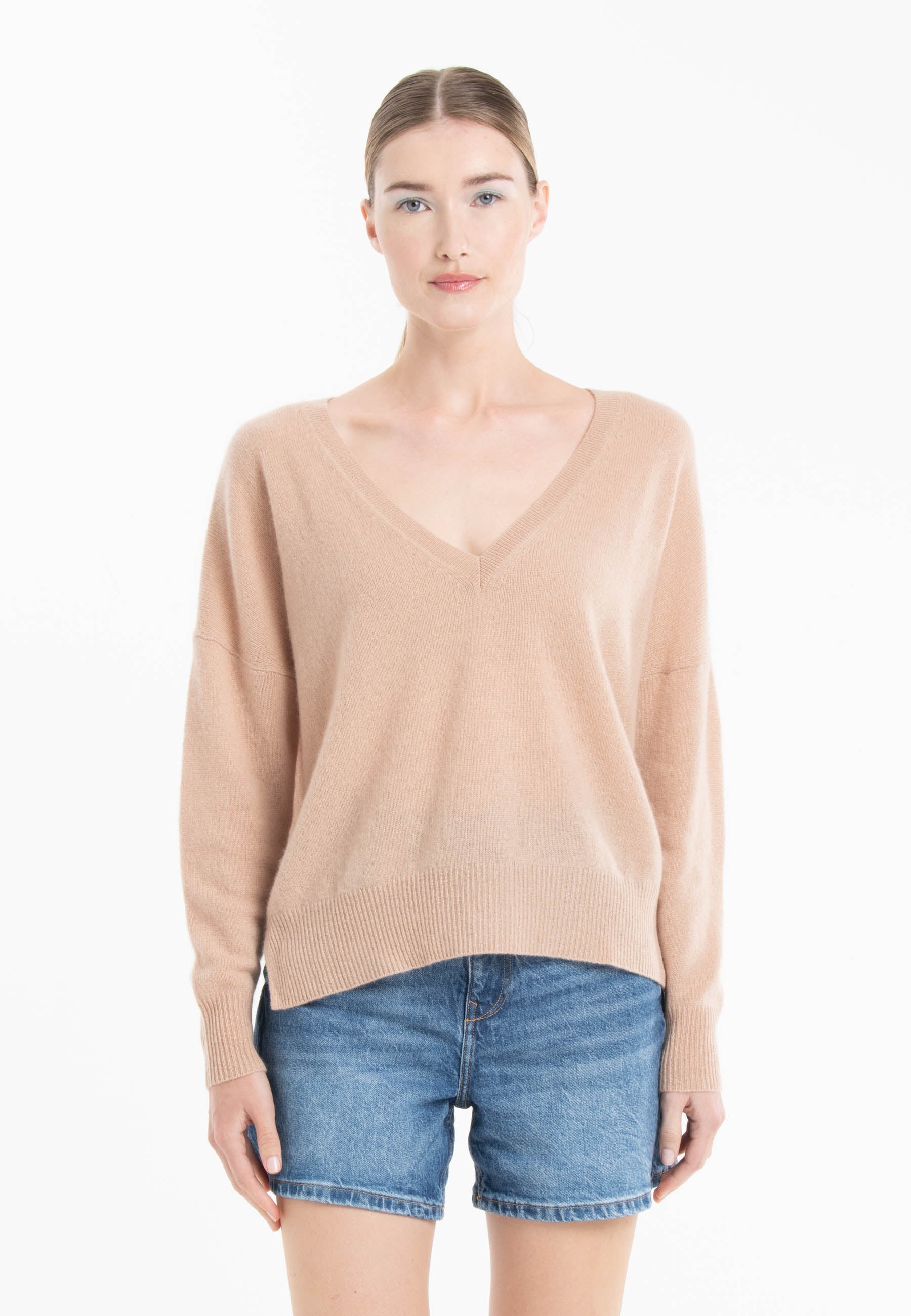 Pull col V cachemire camel clair/violet femme - NAMI 23-1