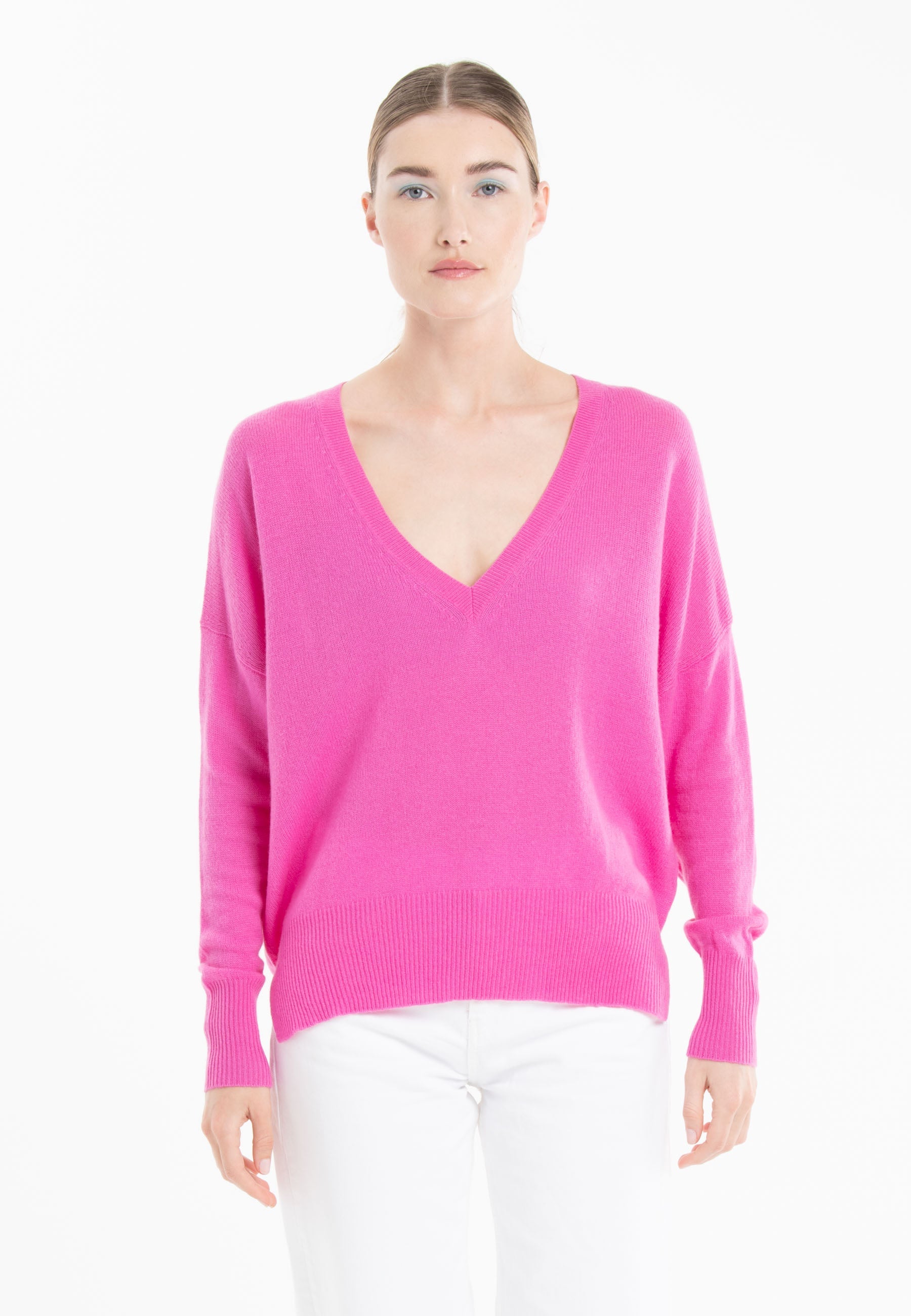 Pull col V en cachemire rose barbie femme - RIA 3-0