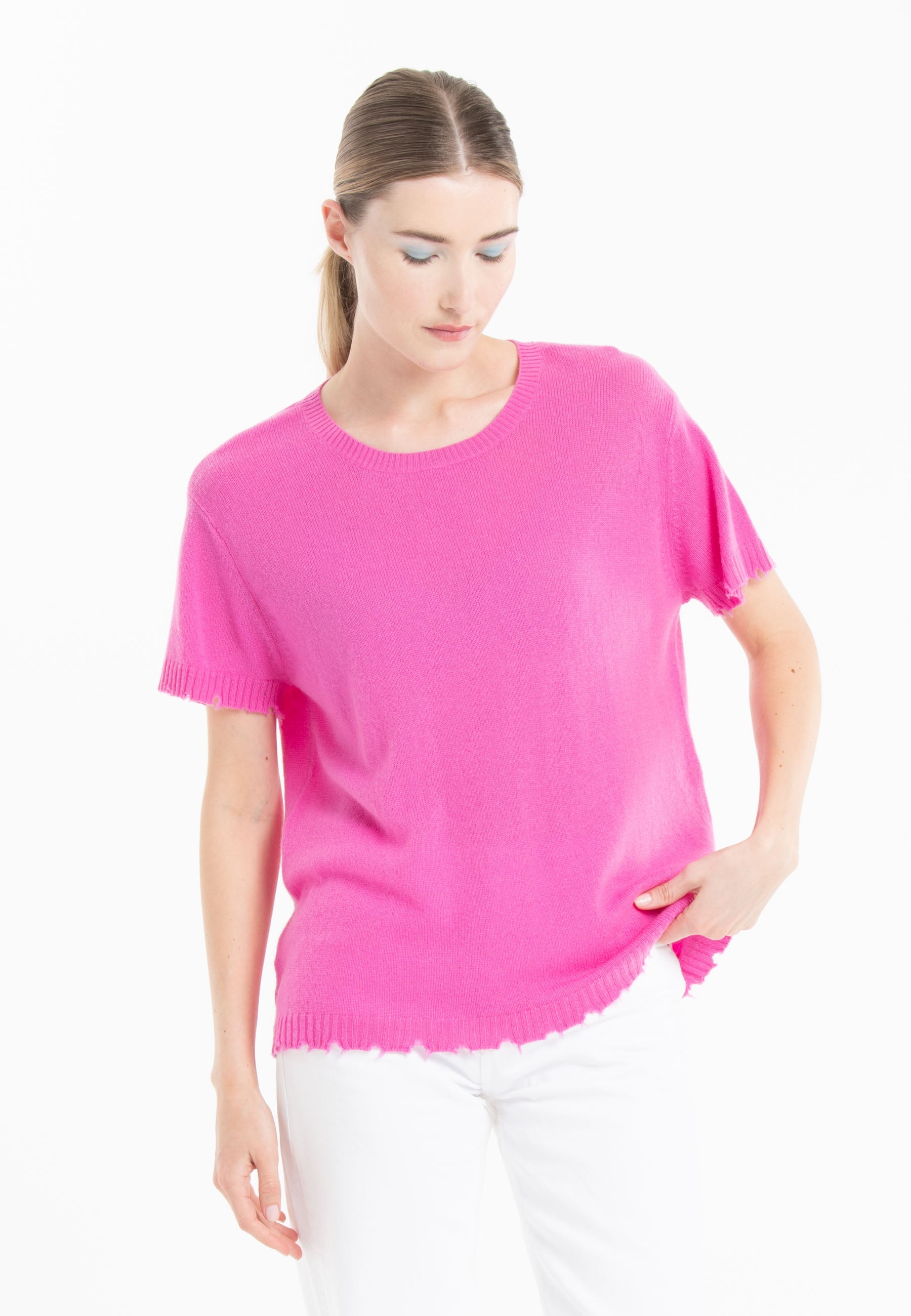 T-shirt col rond en cachemire rose barbie femme - AVA 6-0