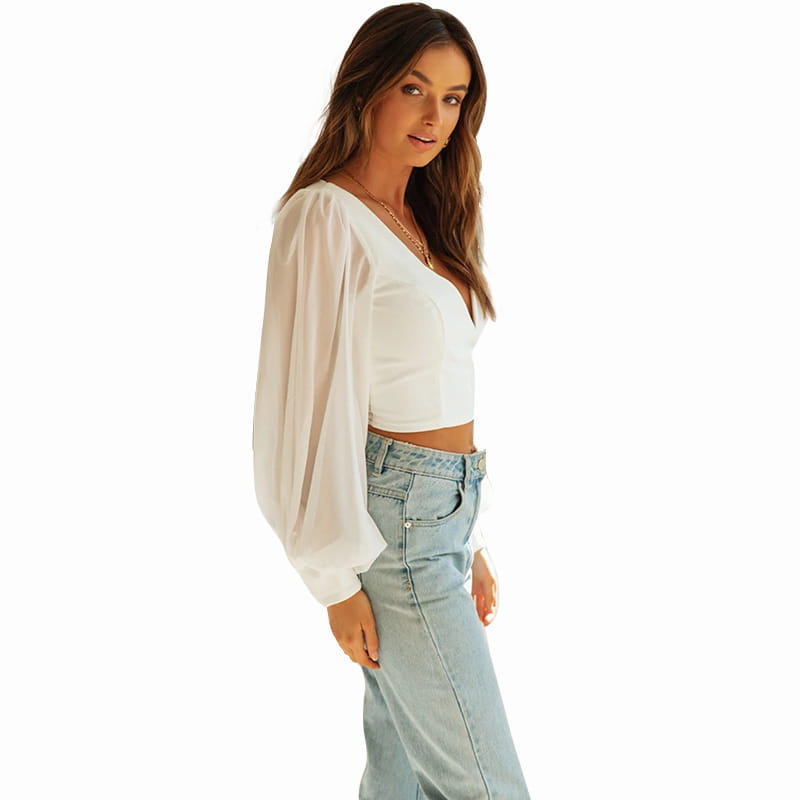 Crop Top en Viscose avec Dos Nu et Manches Longues