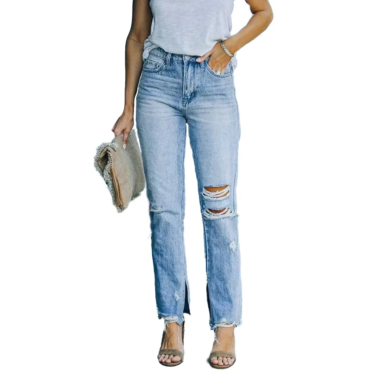 Pantalon Skinny en Denim Bleu Clair