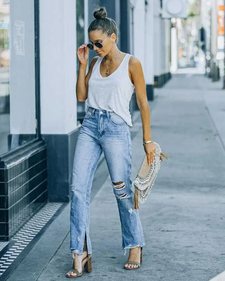 Pantalon Skinny en Denim Bleu Clair