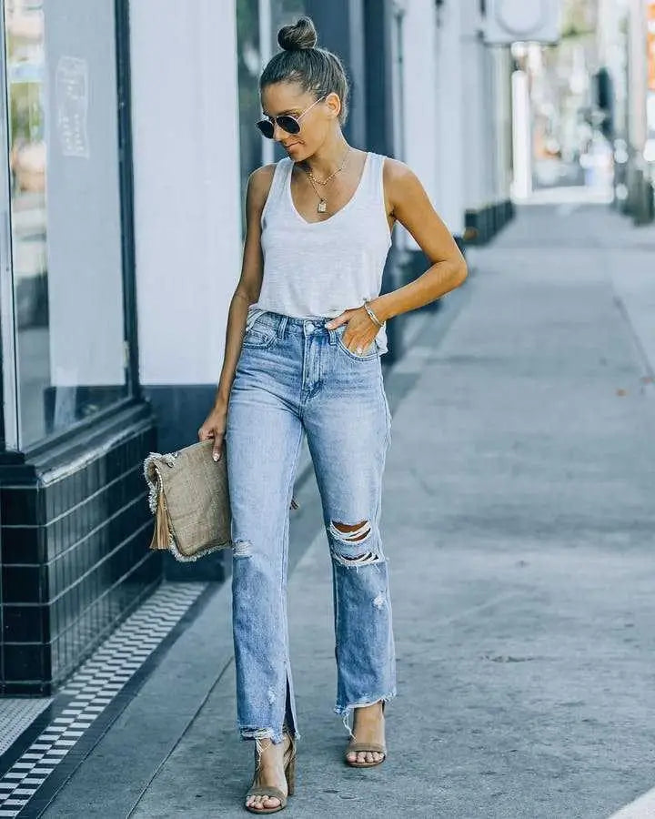 Pantalon Skinny en Denim Bleu Clair