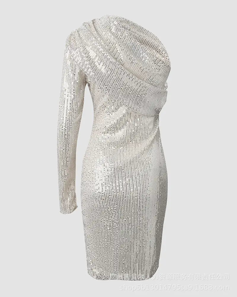 Robe de soirée argent à paillettes en une épaule taille S-XL