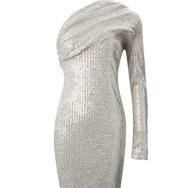 Robe de soirée argent à paillettes en une épaule taille S-XL