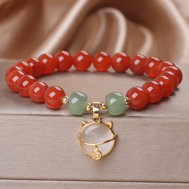 Bracelet ethnique en Agate Rouge avec Chat Chanceux