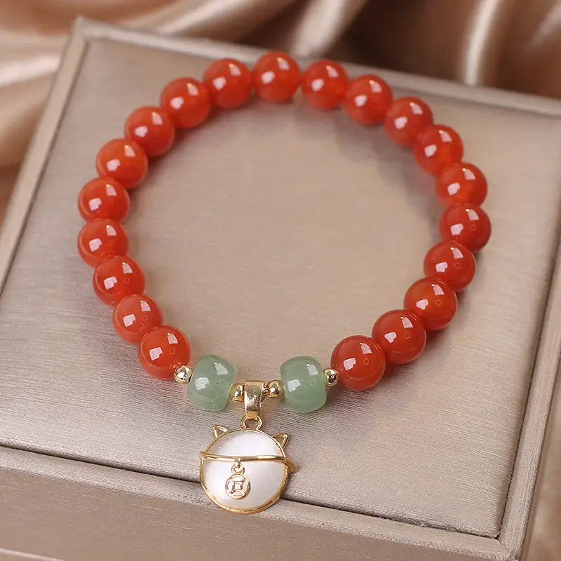 Bracelet ethnique en Agate Rouge avec Chat Chanceux