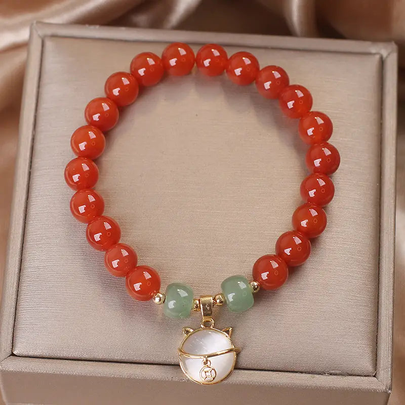 Bracelet ethnique en Agate Rouge avec Chat Chanceux