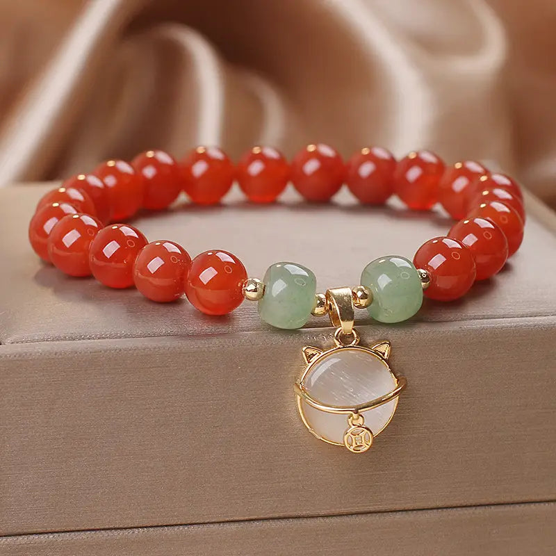 Bracelet ethnique en Agate Rouge avec Chat Chanceux