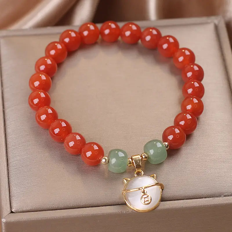 Bracelet ethnique en Agate Rouge avec Chat Chanceux