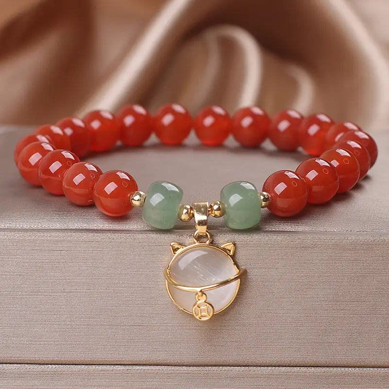 Bracelet ethnique en Agate Rouge avec Chat Chanceux