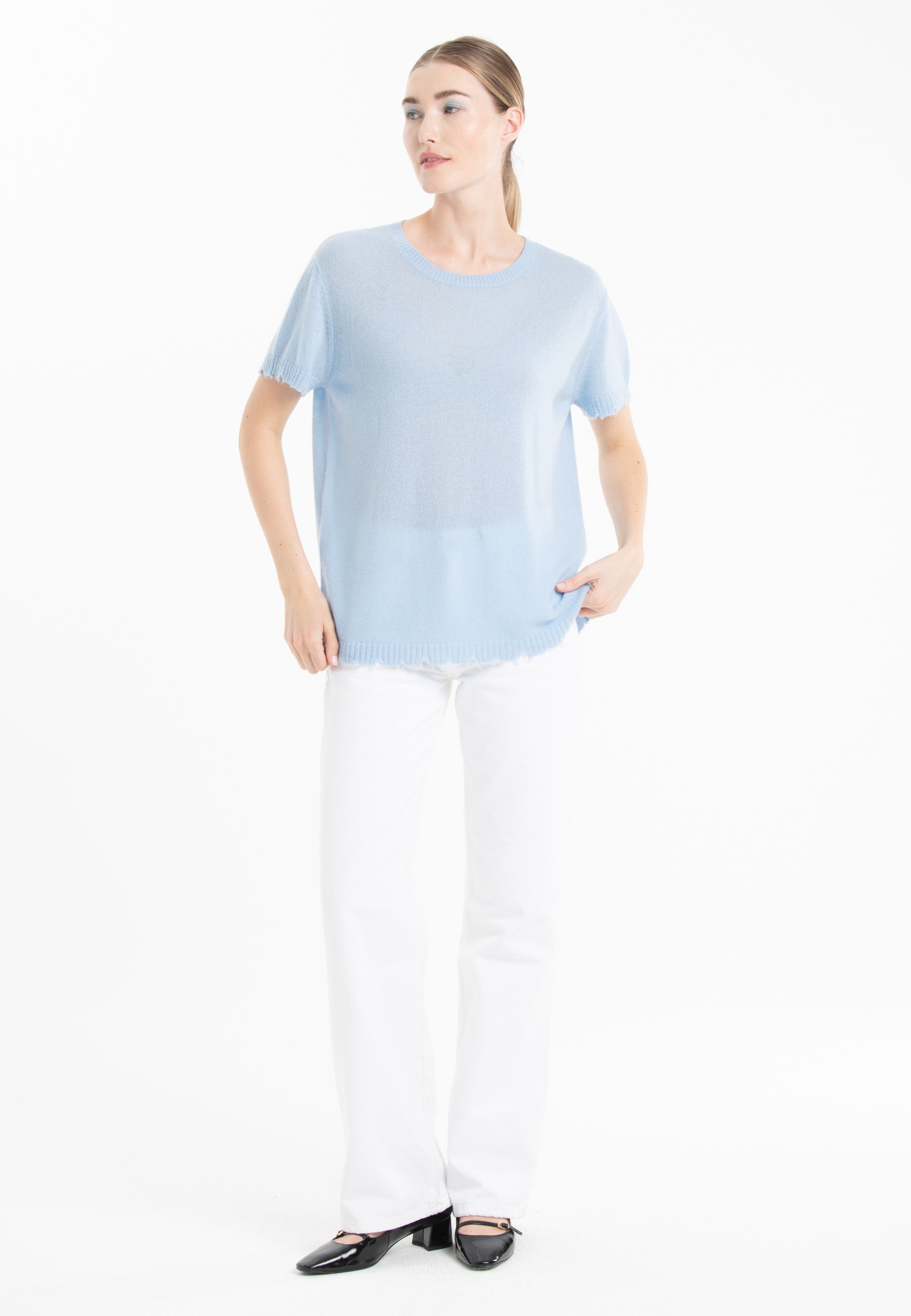 T-shirt col rond en cachemire baby blue femme - AVA 6-4