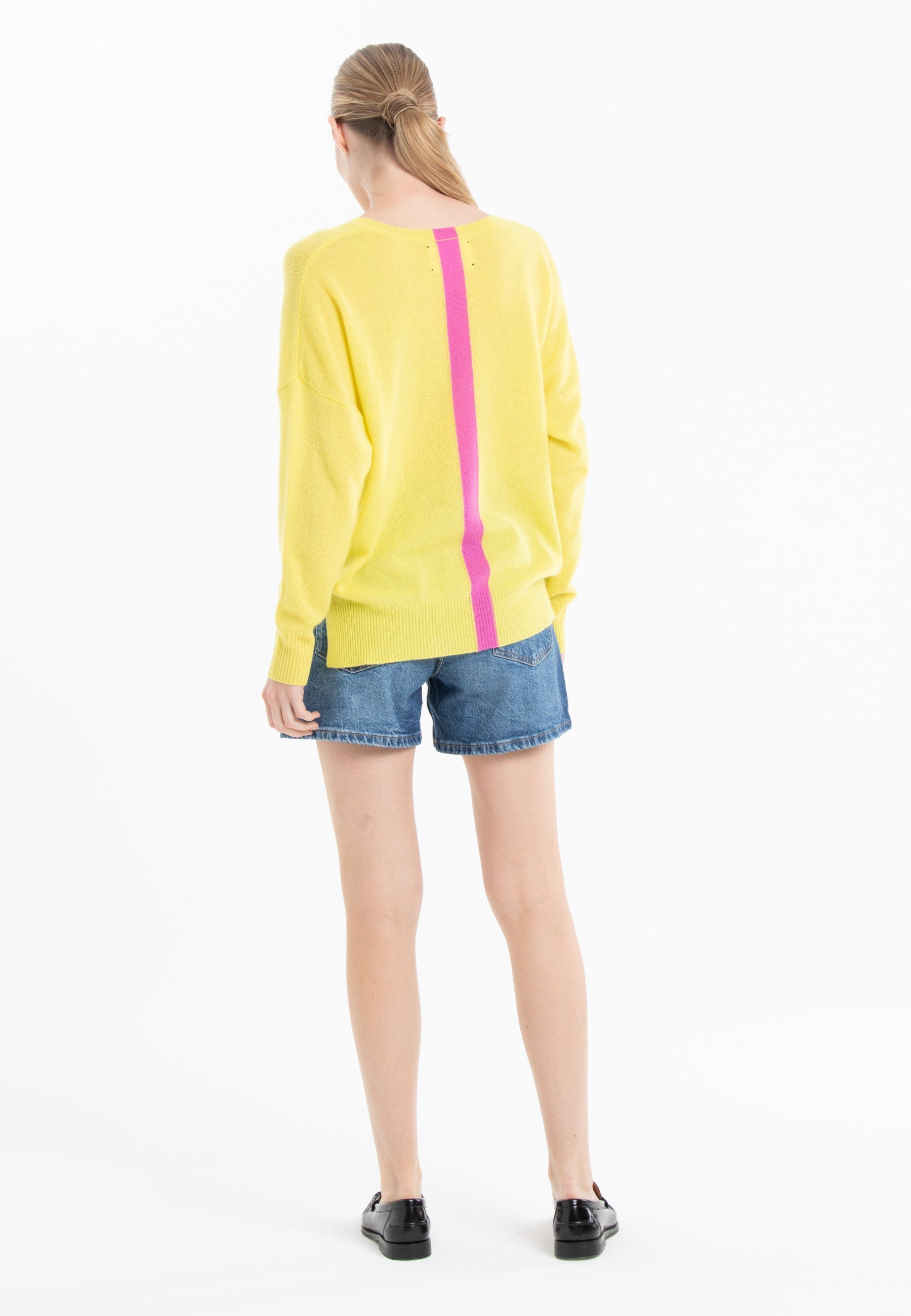 Pull col V cachemire jaune fluo/rose barbie femme - NAMI 23-2