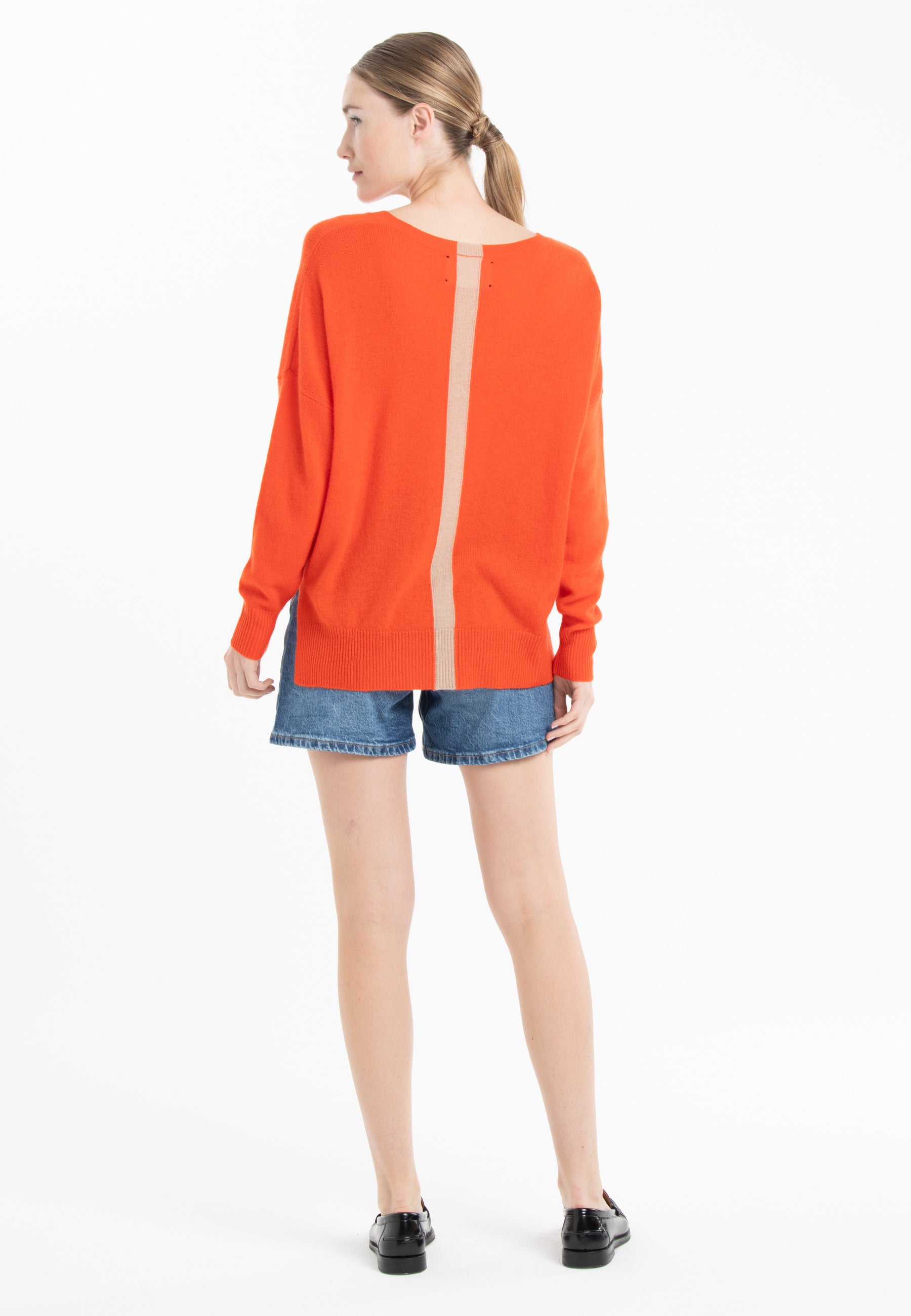 Pull col V cachemire mandarine/camel clair femme - NAMI 23-3