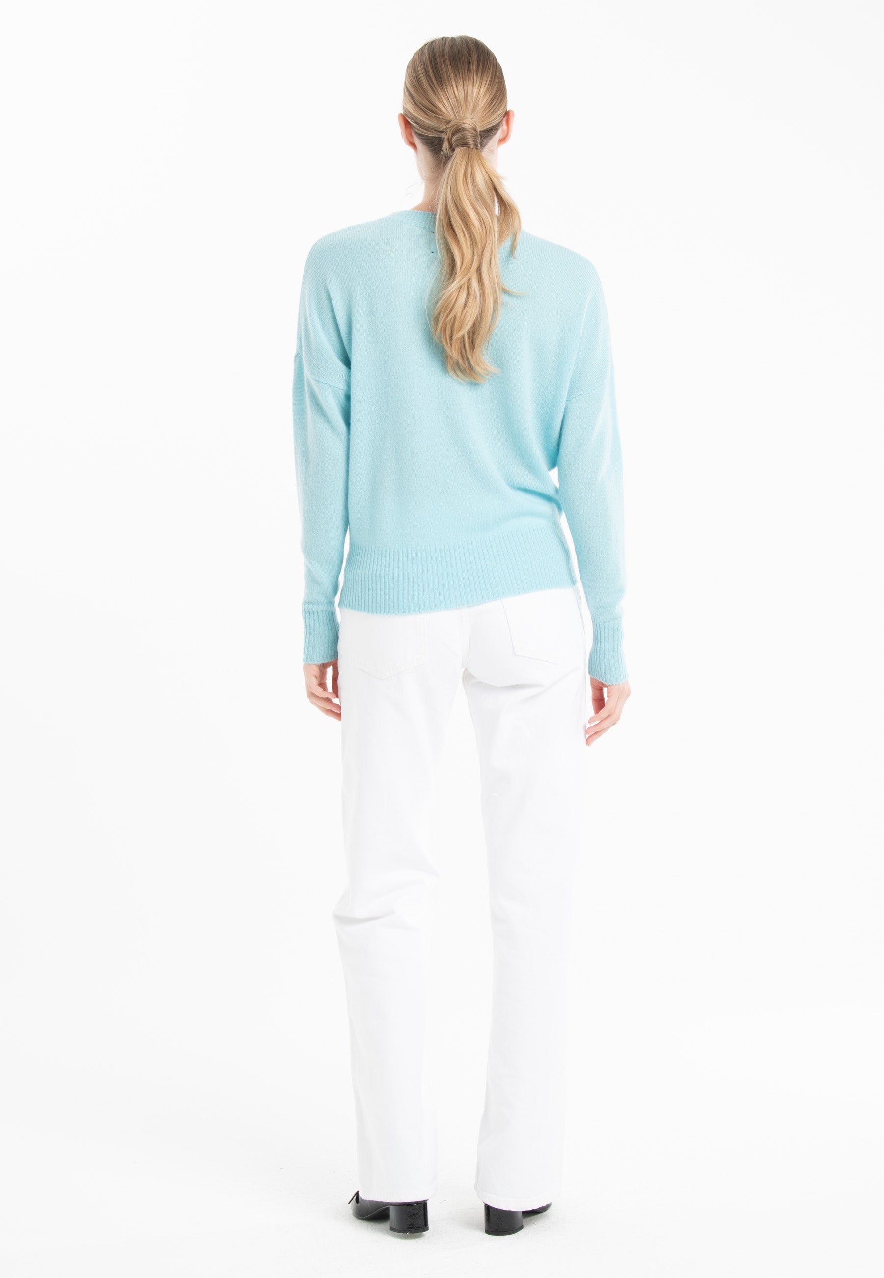 Pull col rond en cachemire turquoise femme - RIA 2-3