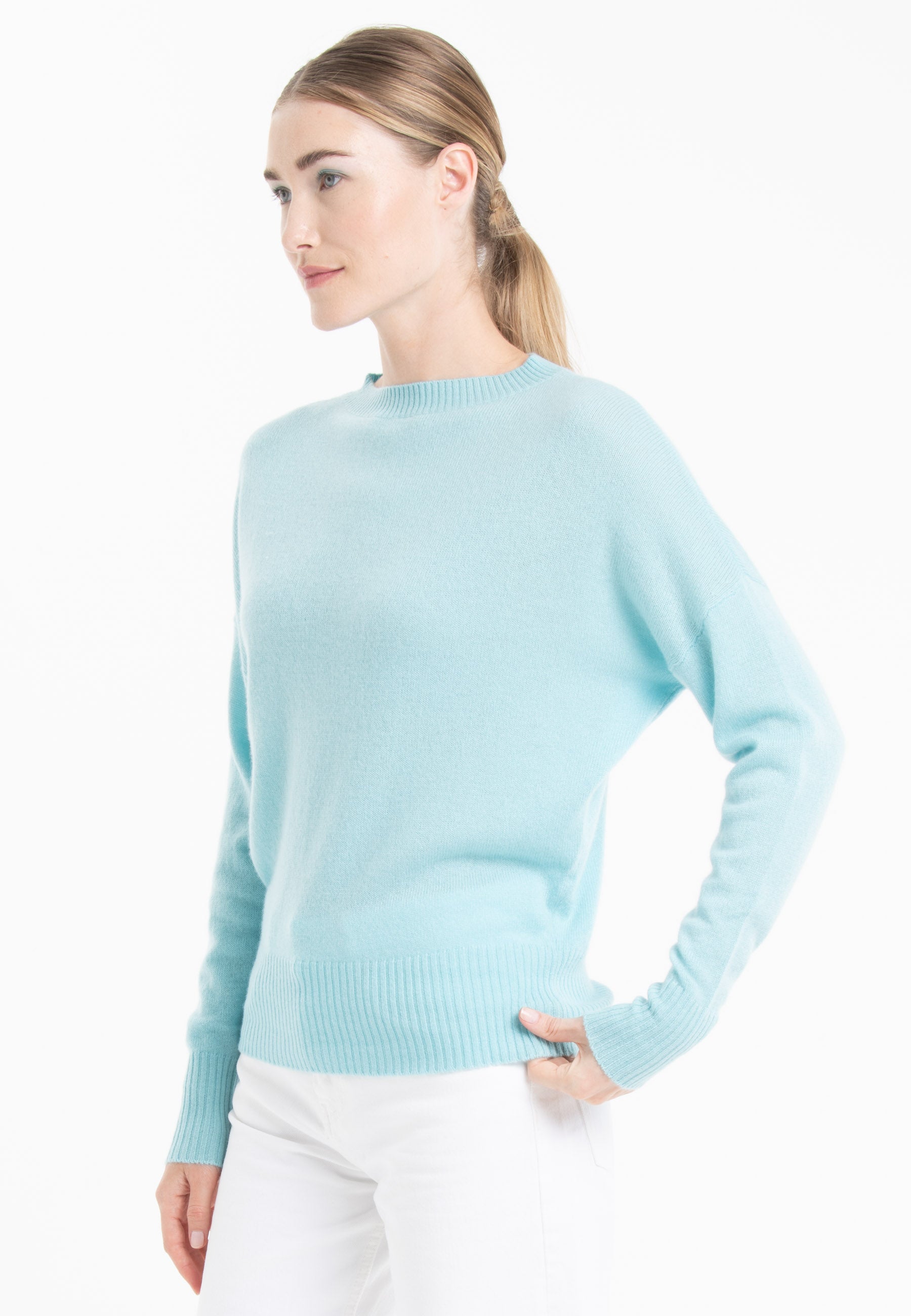 Pull col rond en cachemire turquoise femme - RIA 2-1