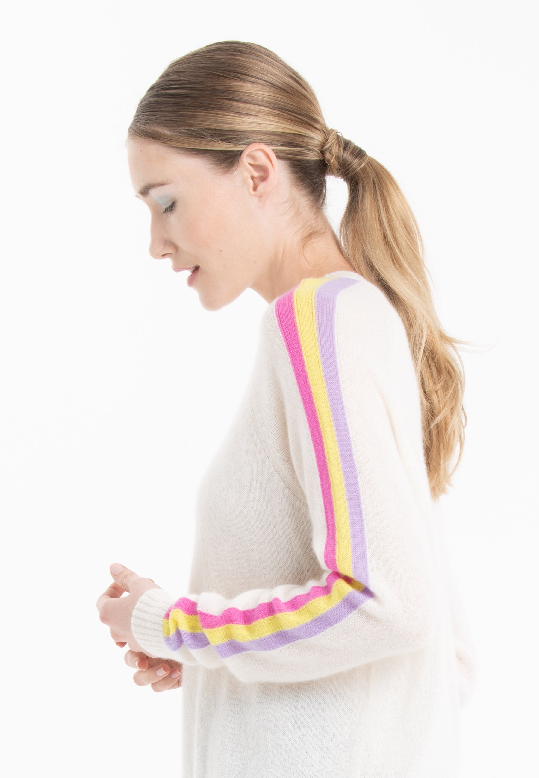 Pull col rond cachemire écru rose jaune violet femme - KELLY 30-2