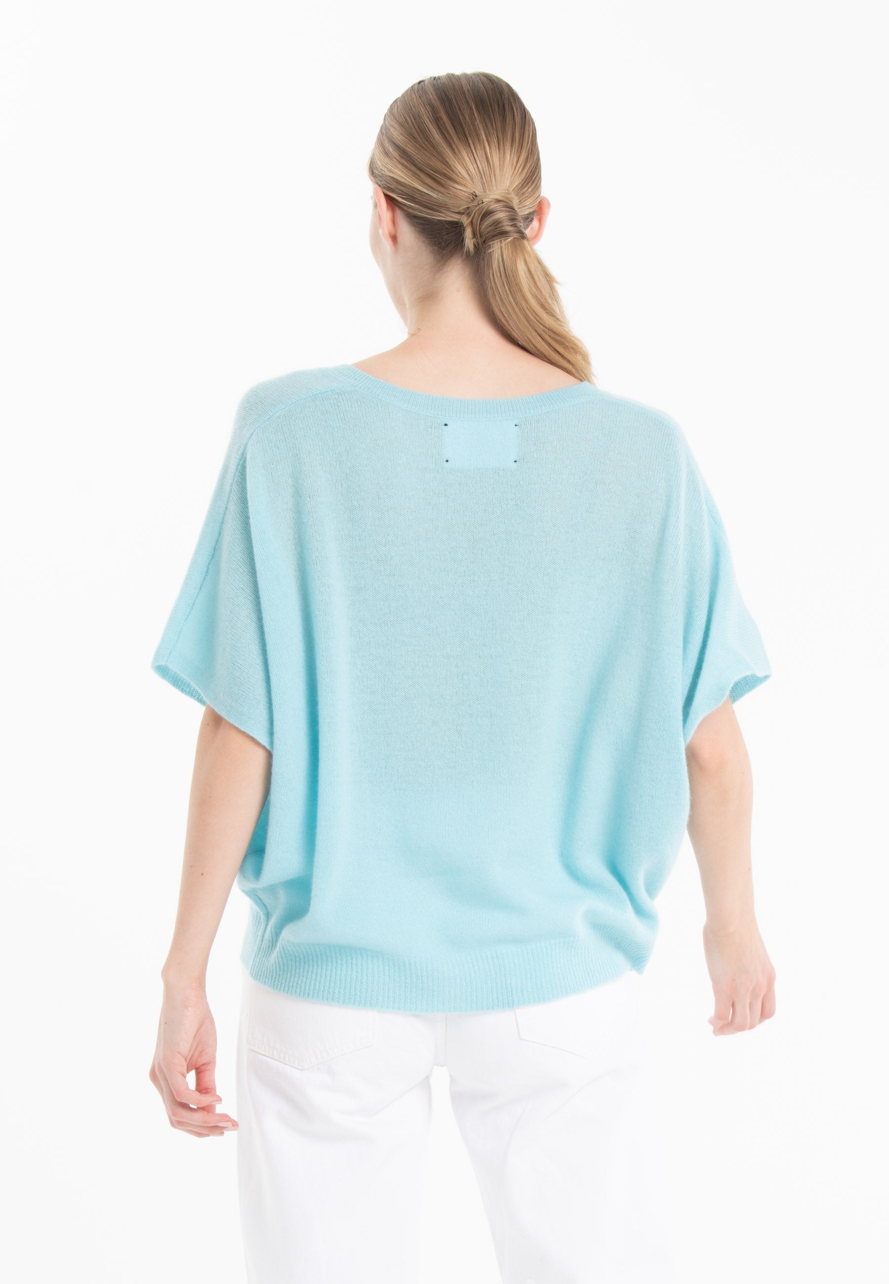 Pull col V manches chauve souris en cachemire turquoise femme - RIA 25-2