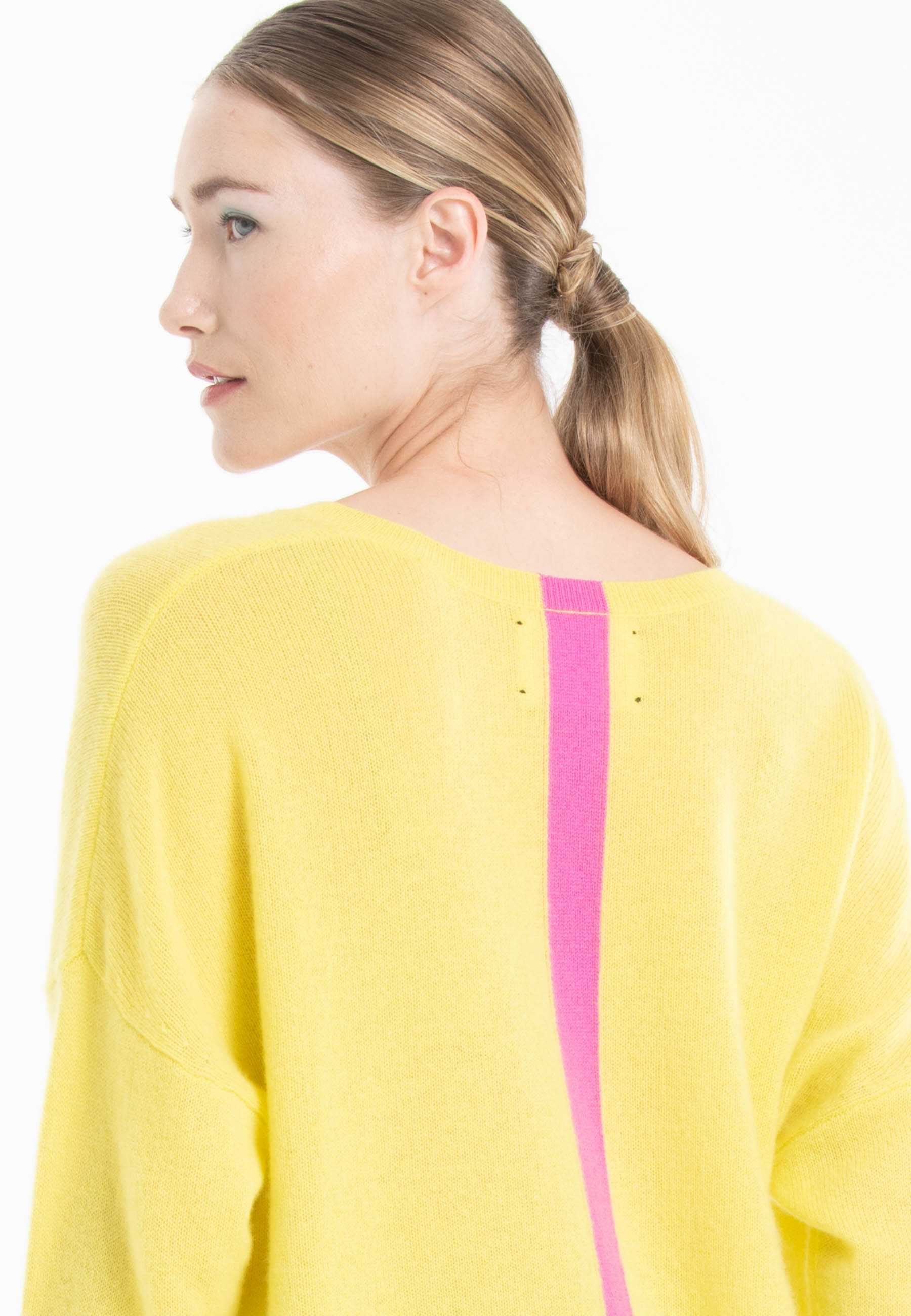 Pull col V cachemire jaune fluo/rose barbie femme - NAMI 23-0