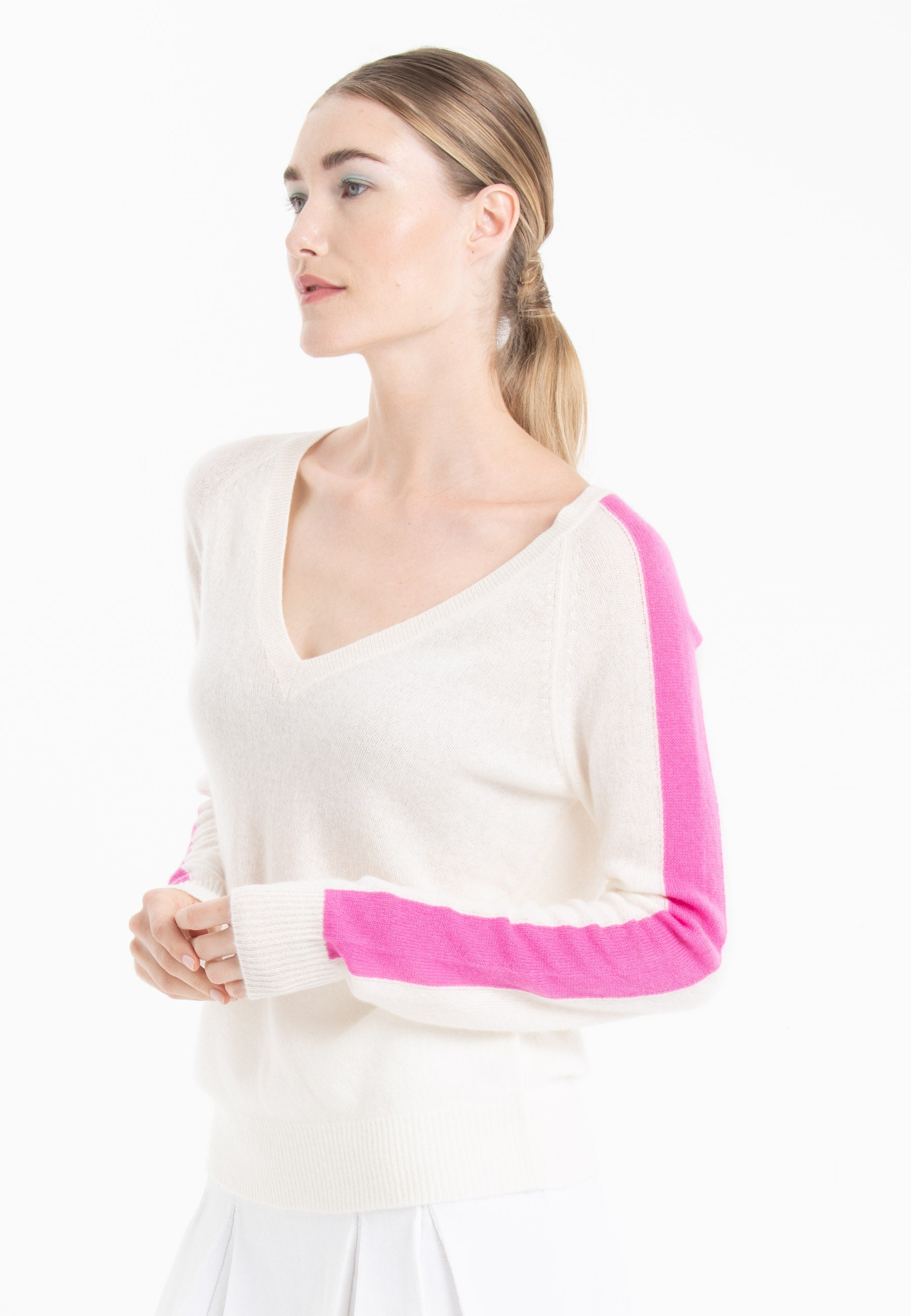 Pull col V cachemire écru/rose barbie femme - RIA 1-1