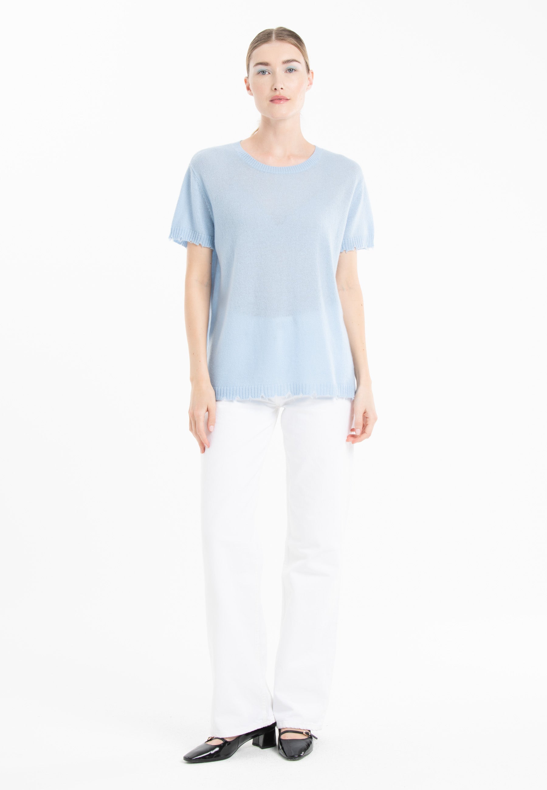 T-shirt col rond en cachemire baby blue femme - AVA 6-3