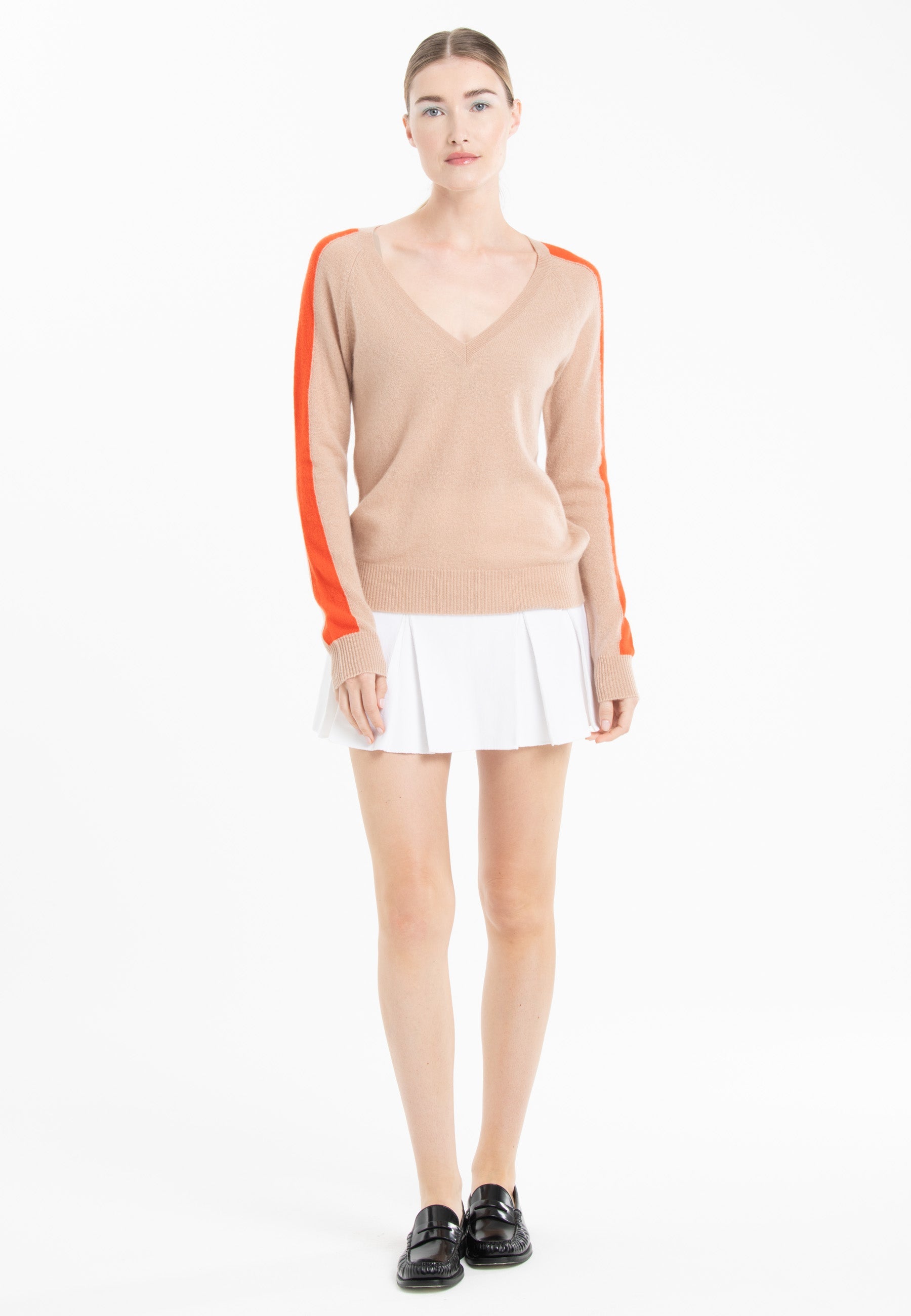 Pull col V cachemire camel clair/mandarine femme - RIA 1-1