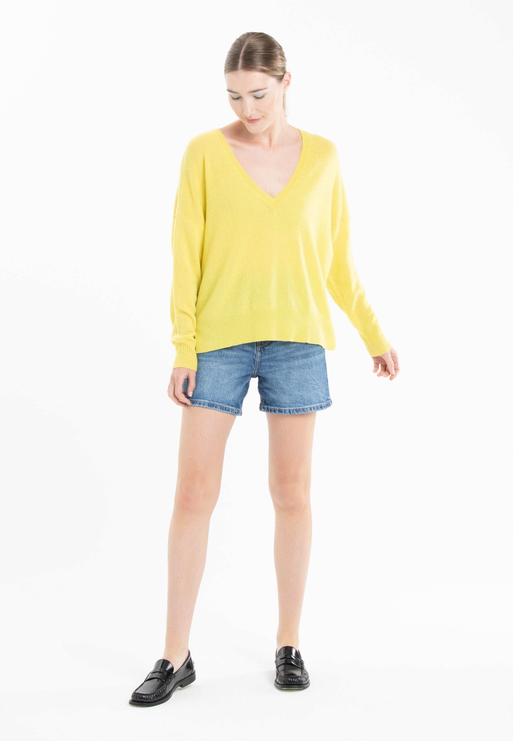 Pull col V cachemire jaune fluo/rose barbie femme - NAMI 23-3