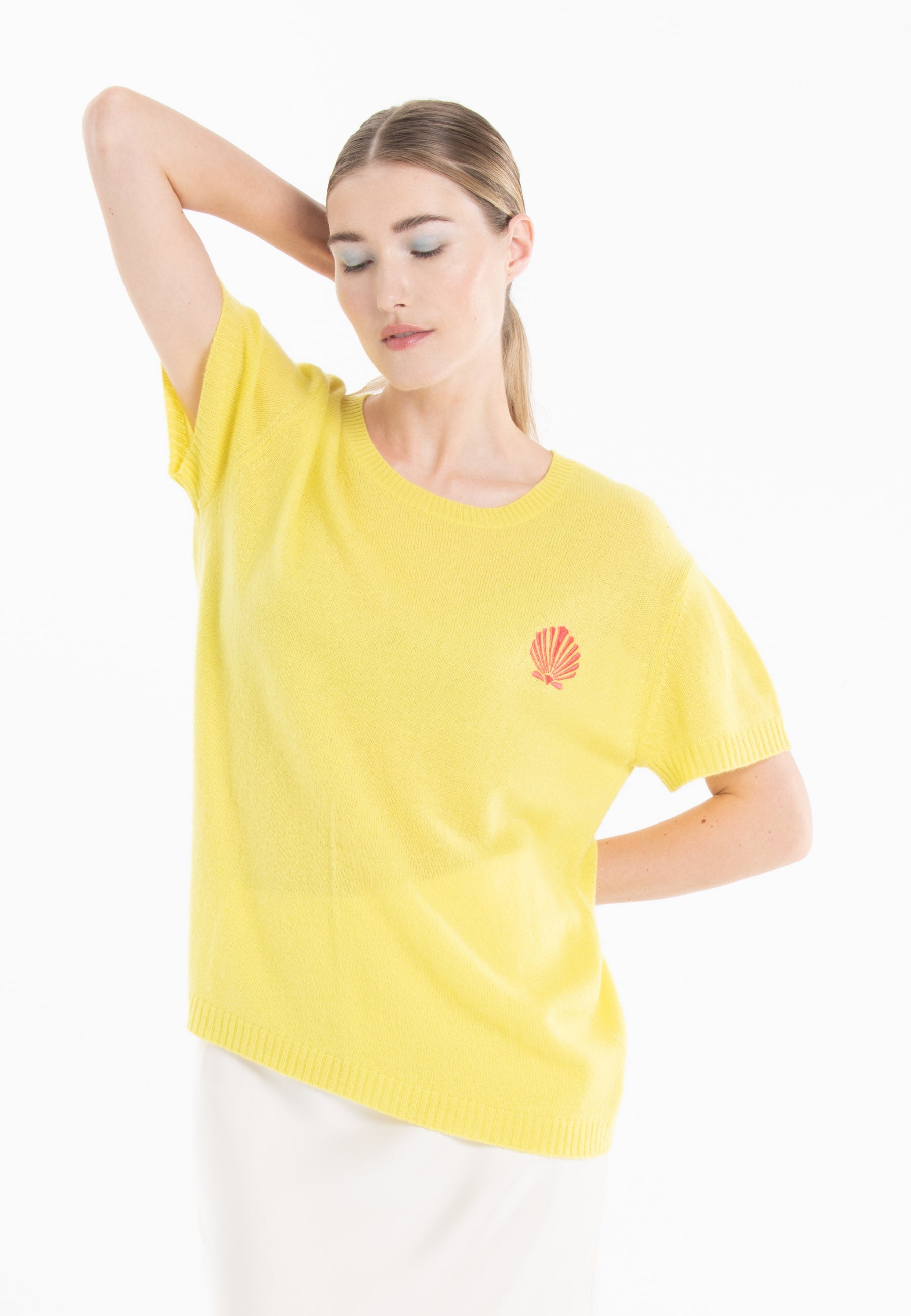 T-shirt col rond en cachemire jaune fluo brodé femme - KELLY 15-4