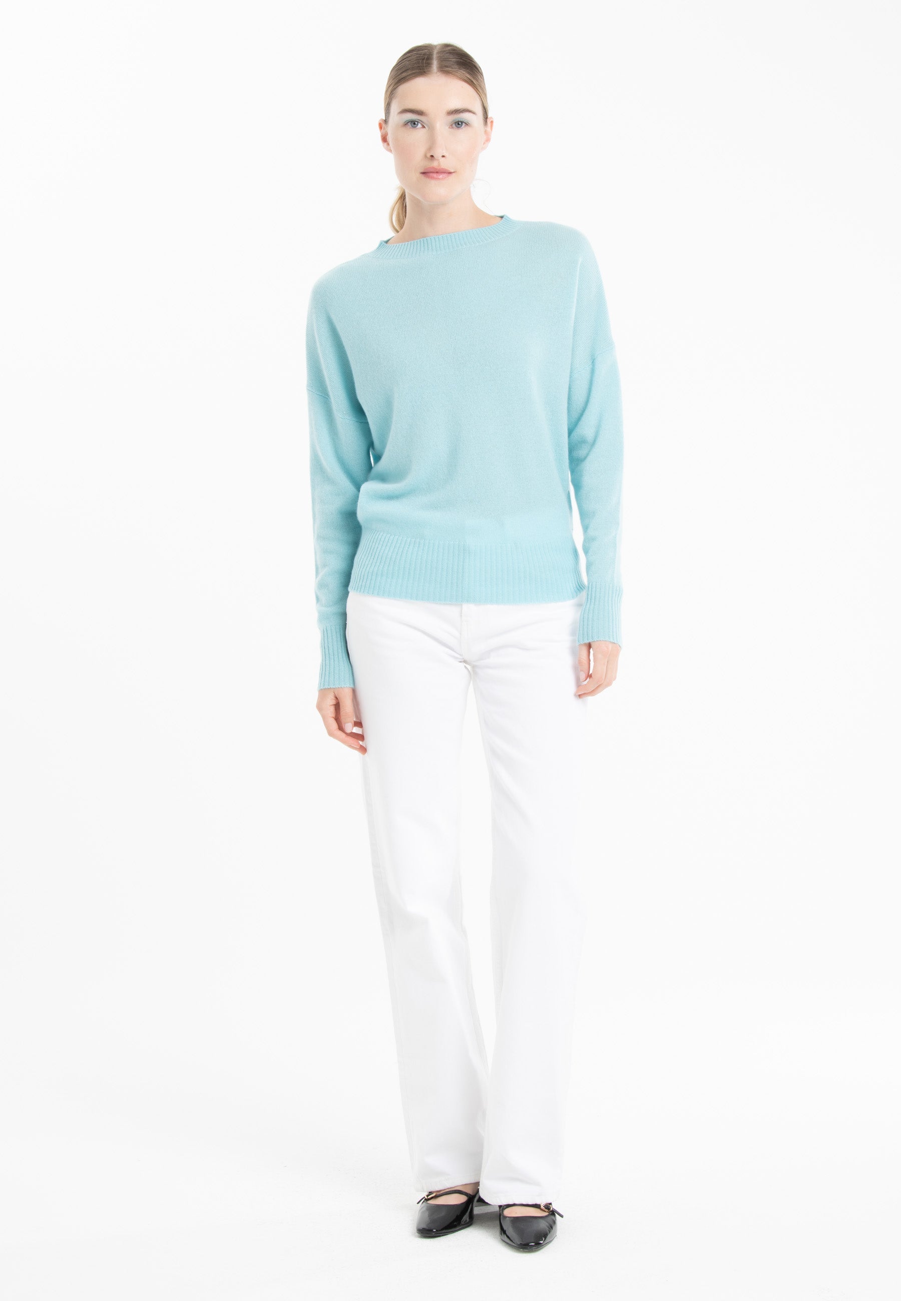 Pull col rond en cachemire turquoise femme - RIA 2-4