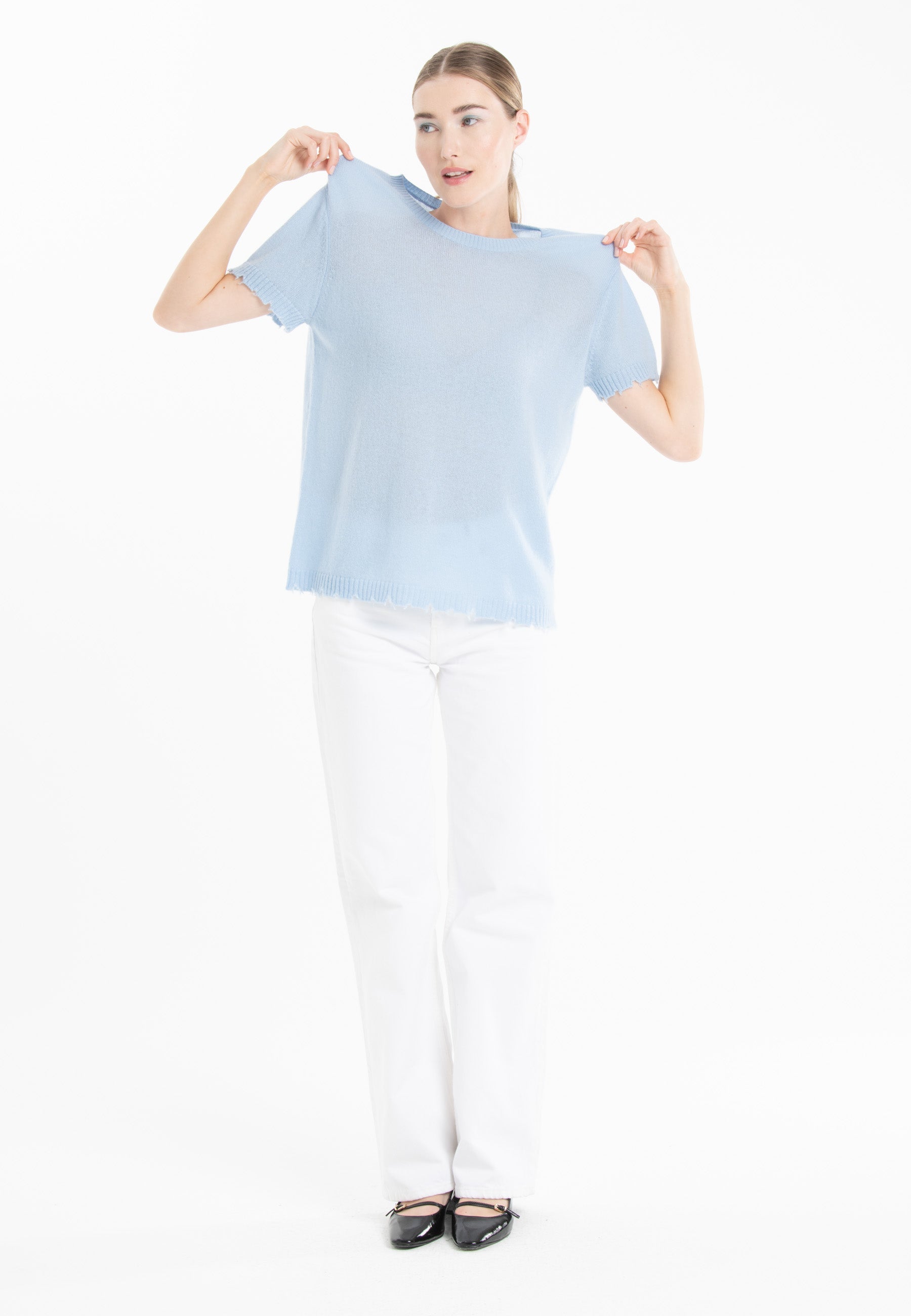 T-shirt col rond en cachemire baby blue femme - AVA 6-1