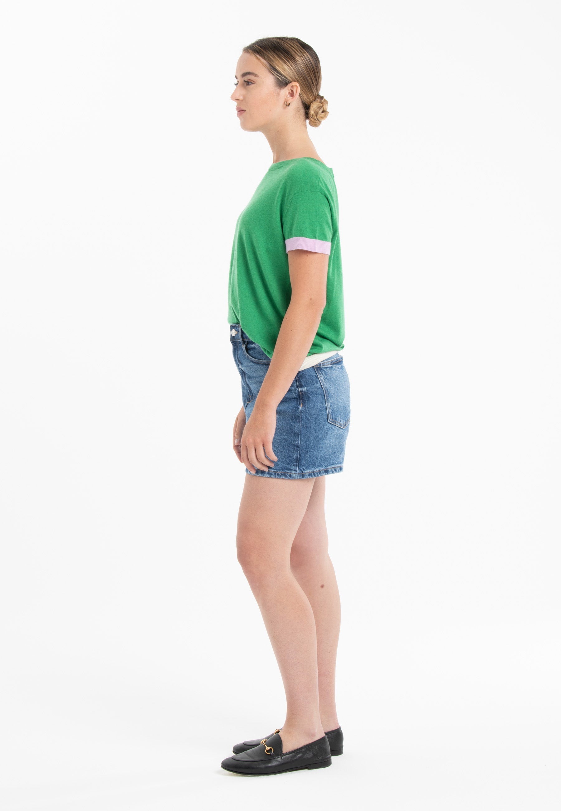 T-shirt col rond tricolore ultrafin cachemire et laine vert/ lavande/ blanc femme - KELLY 8-1