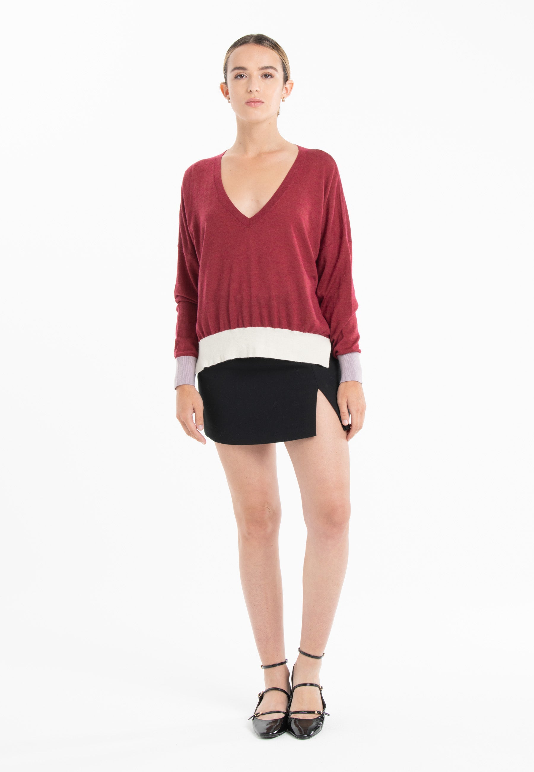 Pull col V oversize ultrafin cachemire et laine rouge/ violet/ blanc femme - KELLY 10-0