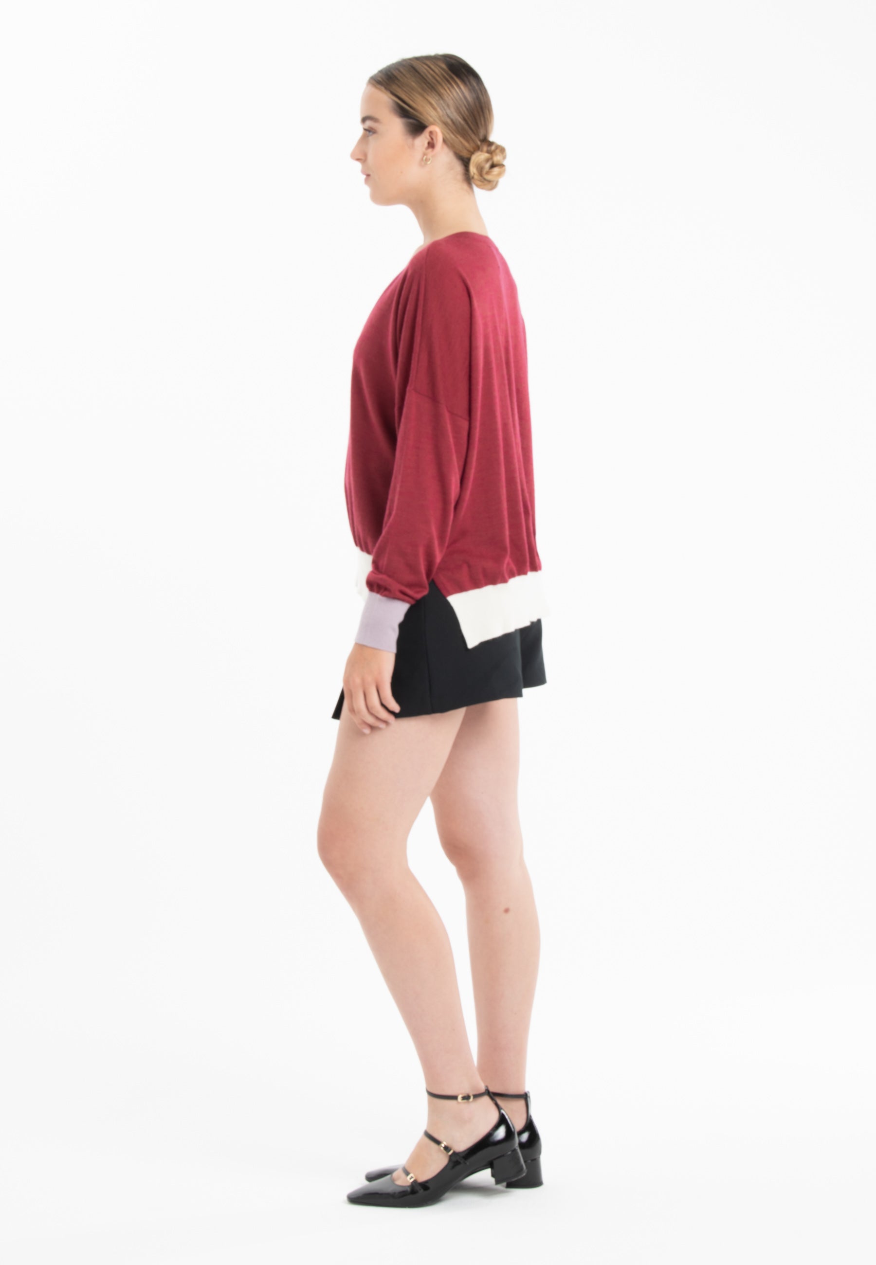 Pull col V oversize ultrafin cachemire et laine rouge/ violet/ blanc femme - KELLY 10-1