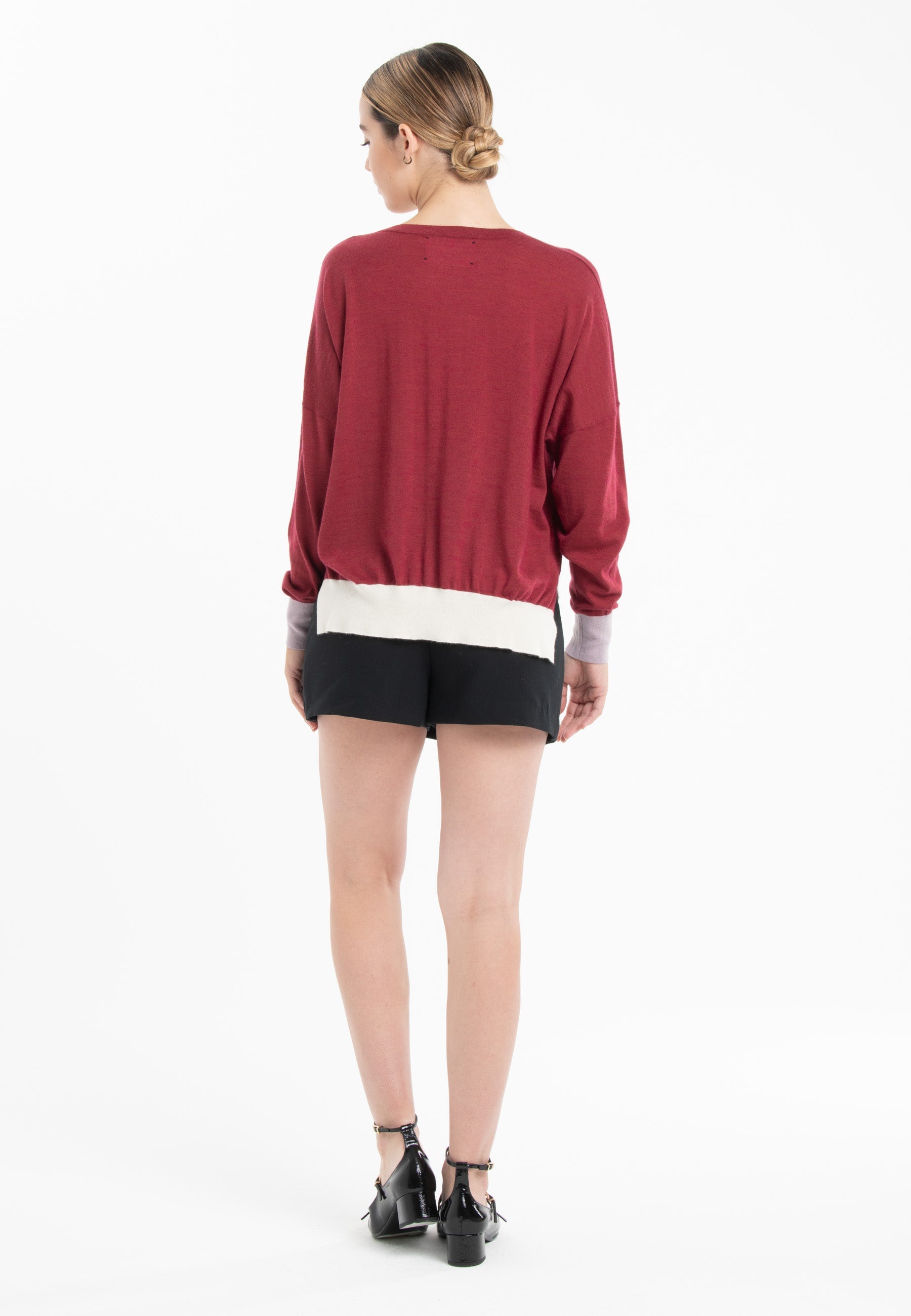 Pull col V oversize ultrafin cachemire et laine rouge/ violet/ blanc femme - KELLY 10-2