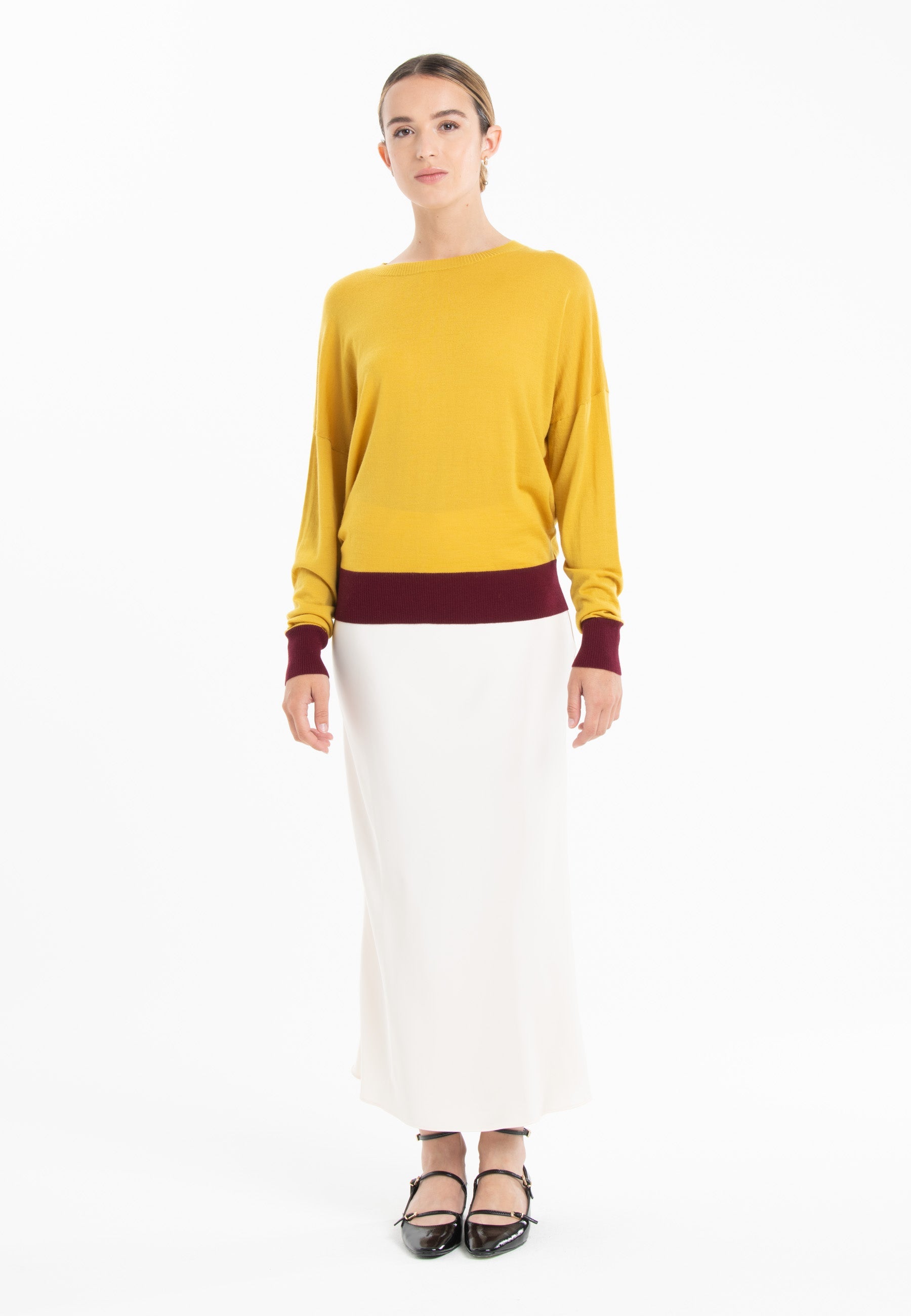 Pull col rond oversize ultrafin cachemire et laine jaune/ rouge bordeaux femme - KELLY 3-0