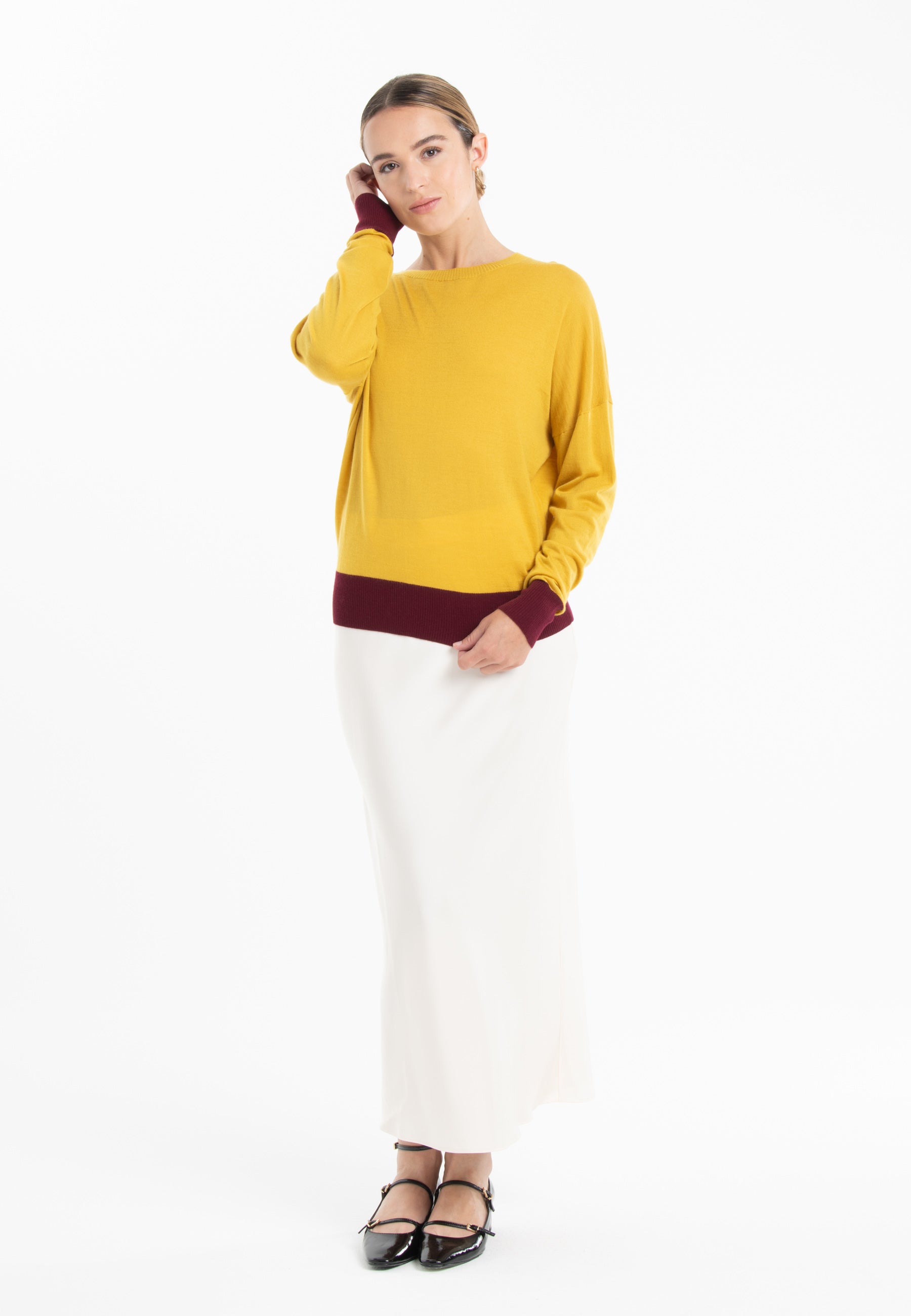 Pull col rond oversize ultrafin cachemire et laine jaune/ rouge bordeaux femme - KELLY 3-2