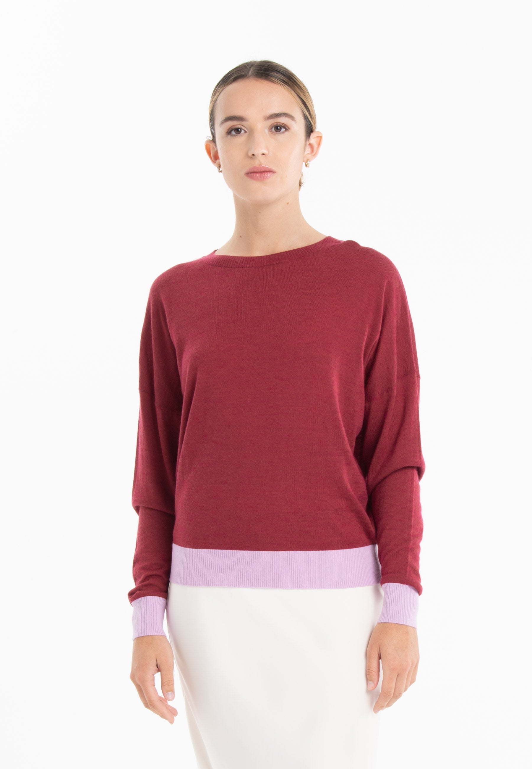 Pull col rond oversize ultrafin cachemire et laine rouge/ lavande femme - KELLY 3-0