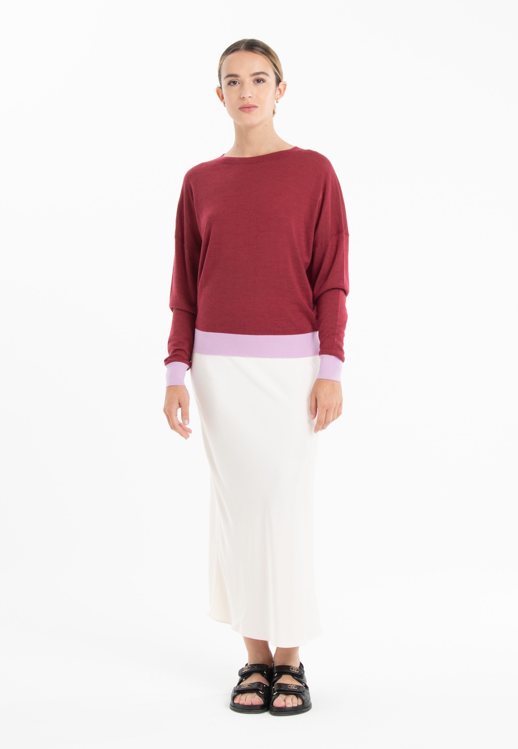 Pull col rond oversize ultrafin cachemire et laine rouge/ lavande femme - KELLY 3-3