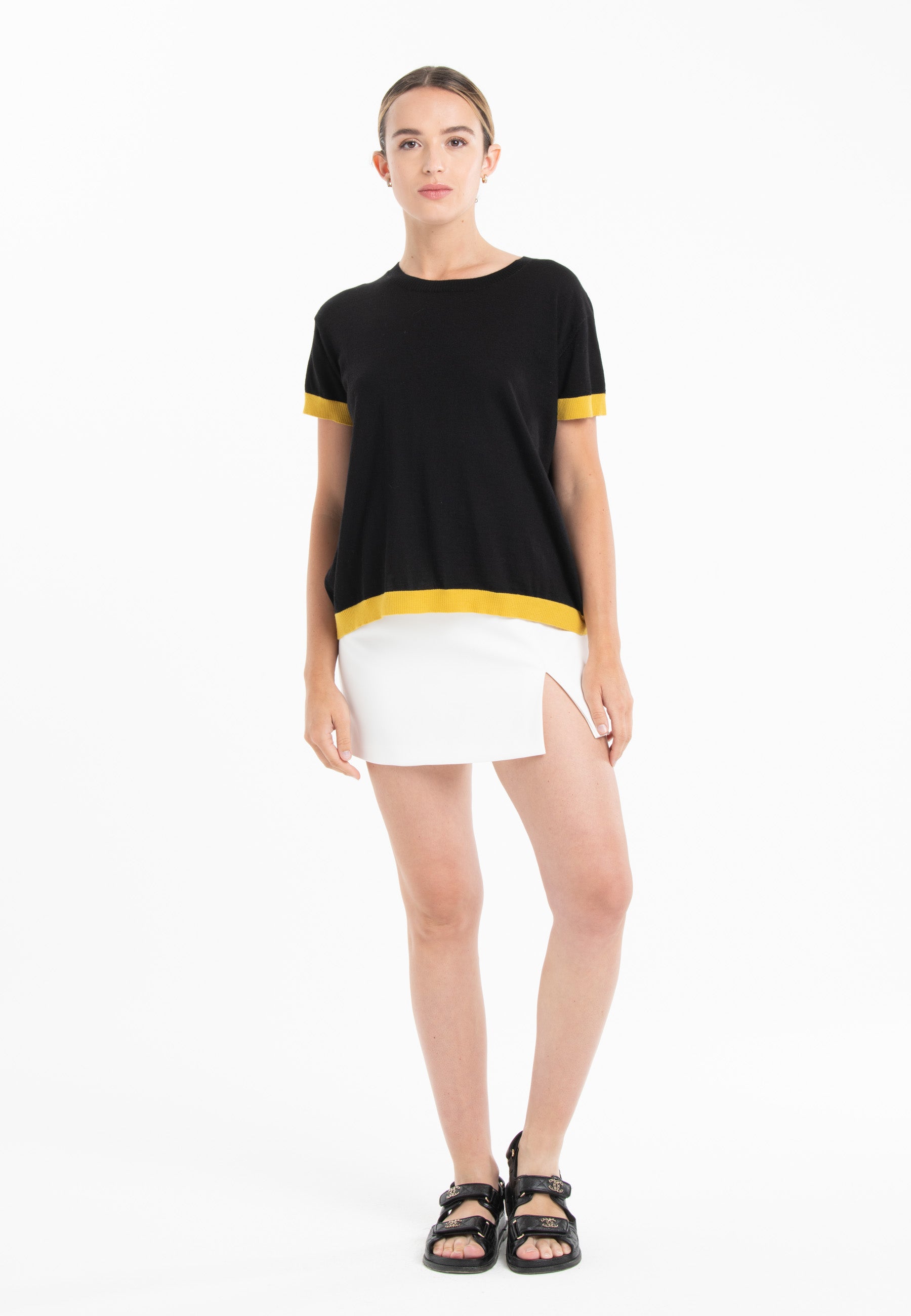 T-shirt col rond ultrafin cachemire et laine noir/ jaune femme - KELLY 1-0