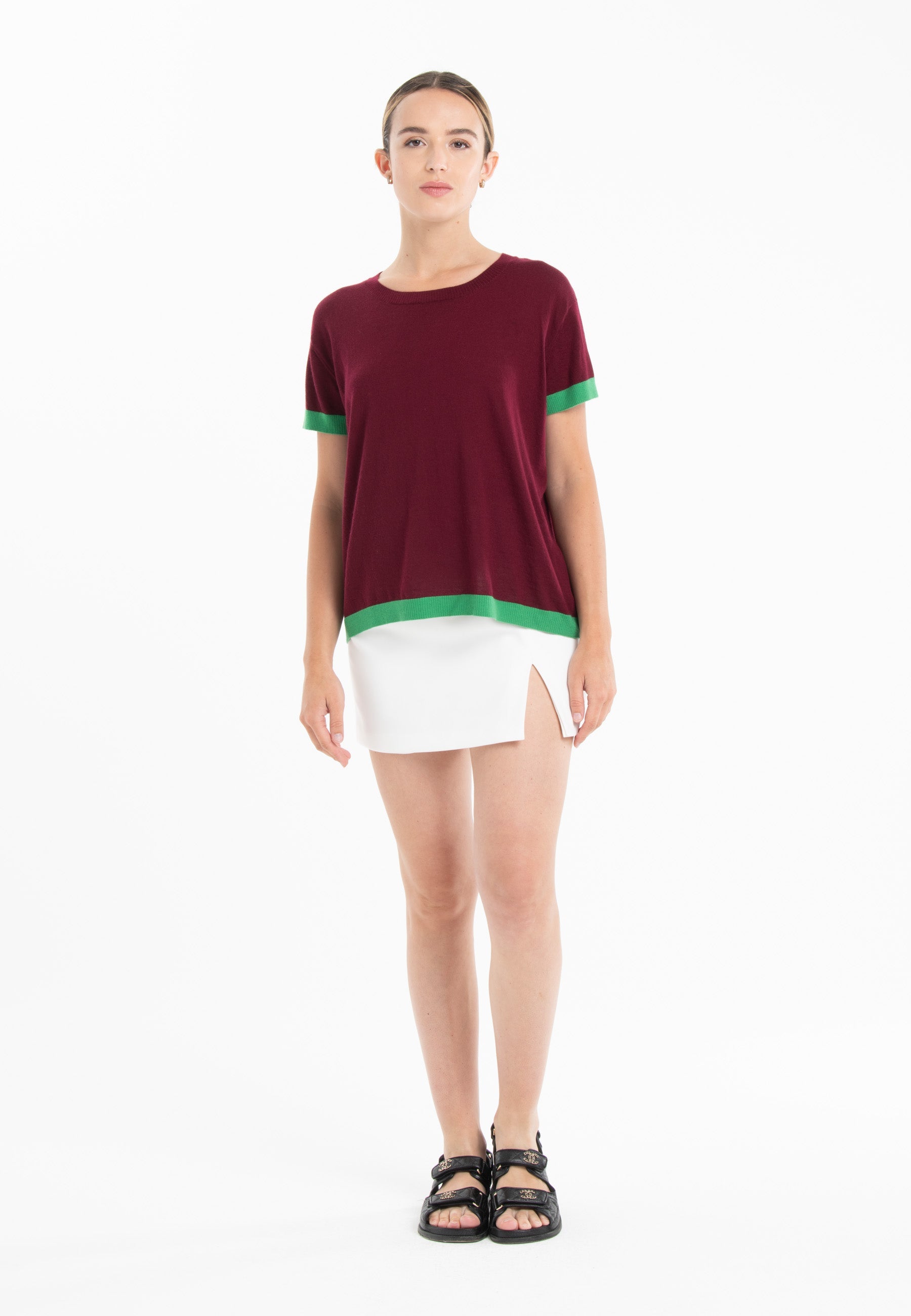 T-shirt col rond ultrafin cachemire et laine rouge bordeaux/ vert femme - KELLY 1-0