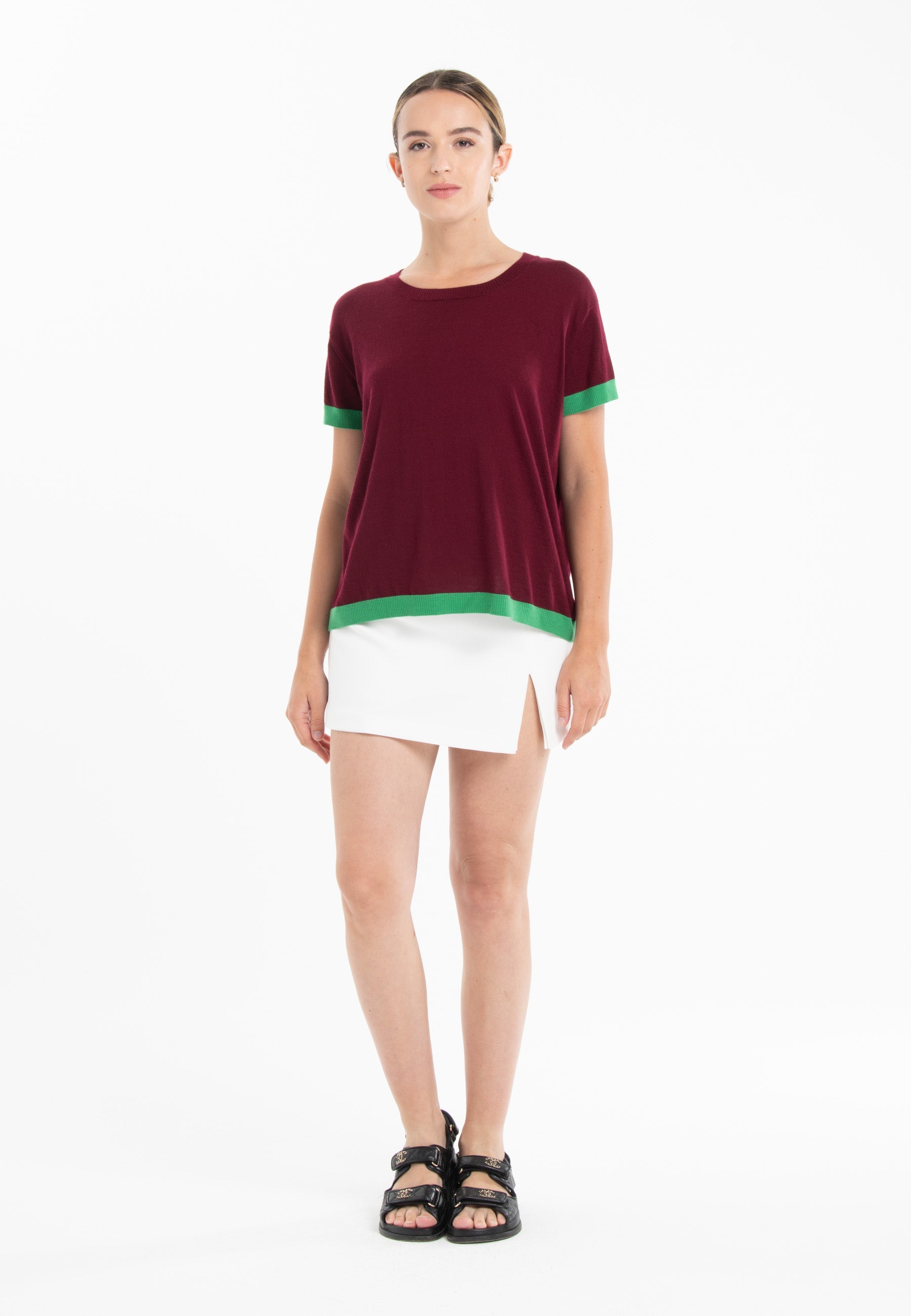 T-shirt col rond ultrafin cachemire et laine rouge bordeaux/ vert femme - KELLY 1-3